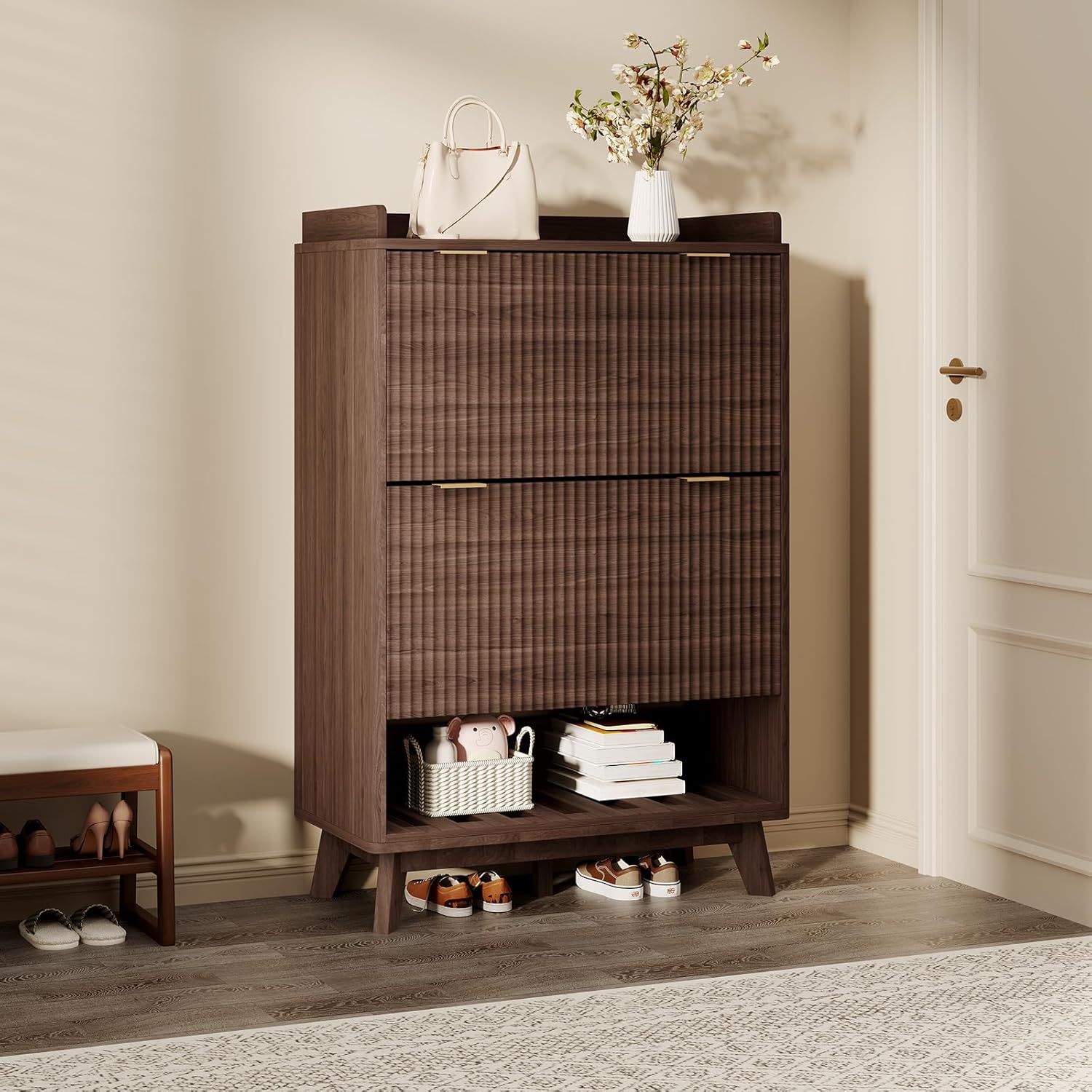 Garvee Fluted Shoe Cabinet for Entryway 48 inches Tall Modern Narrow Shoe Organizer Storage Bottom Open Shelf 2 Flip Drawers Adjustable Shelves Curved Profile for Living Room #OYF-PHK-36LV4PYH