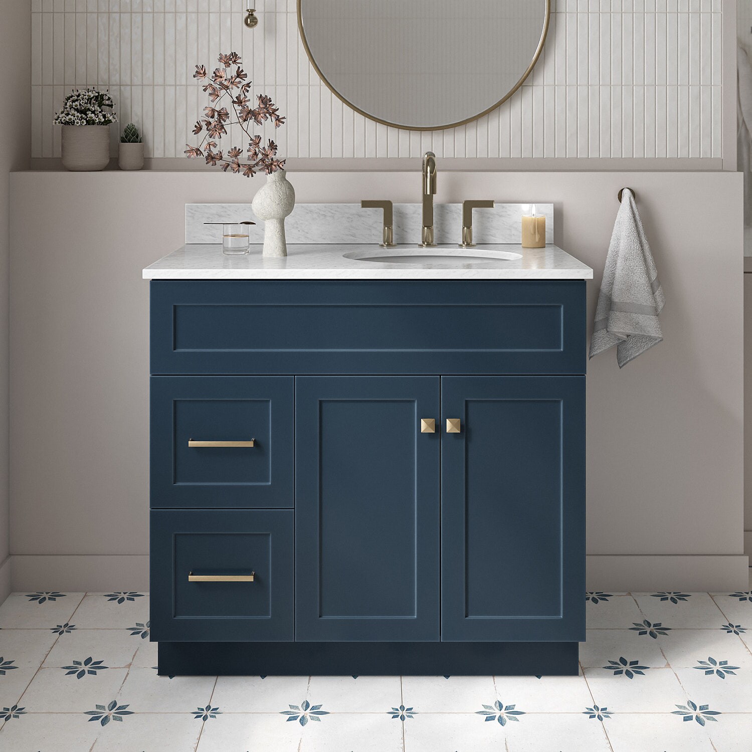 ARIEL F037SRCW2OVOMNB Hamlet 37-in Midnight Blue Undermount Single sink Bathroom Vanity with 0.75" Carrara White Marble Natural marble Top