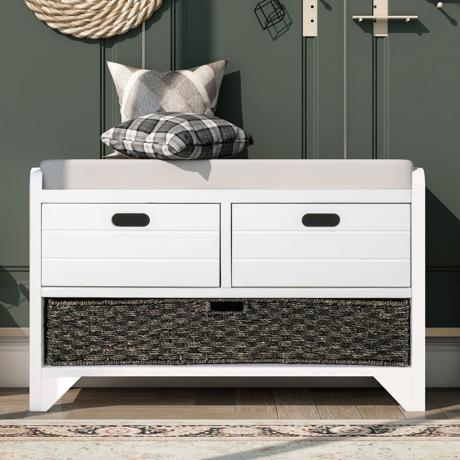 Dexmalle WF199578AAK White Storage Bench with Drawers and Removable Basket 32-in x 11.8-in x 20-in