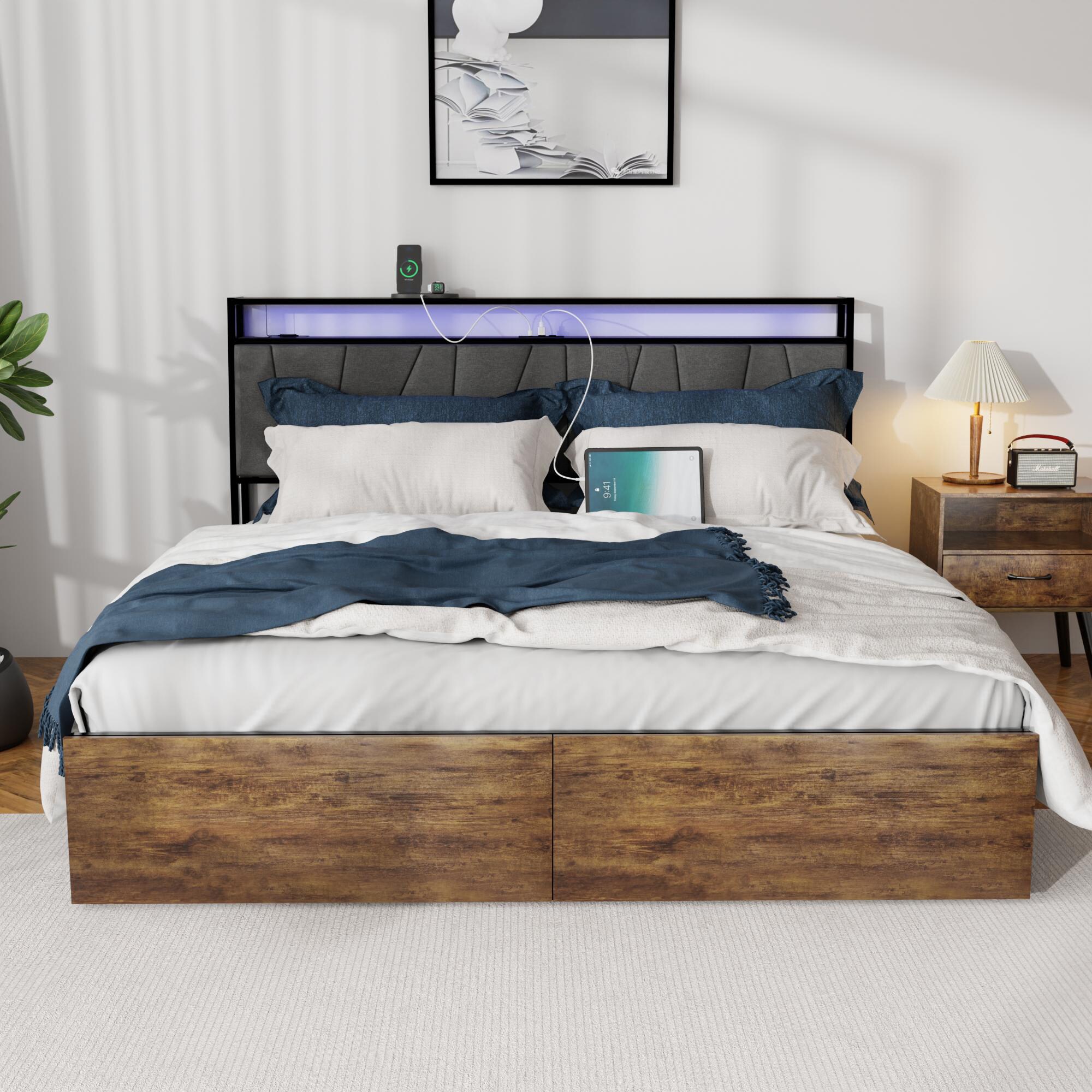 GZMR GZ-JH3661K King Bed Frame with Storage Rustic Brown King Wood and metal Bed frame Bed with Storage