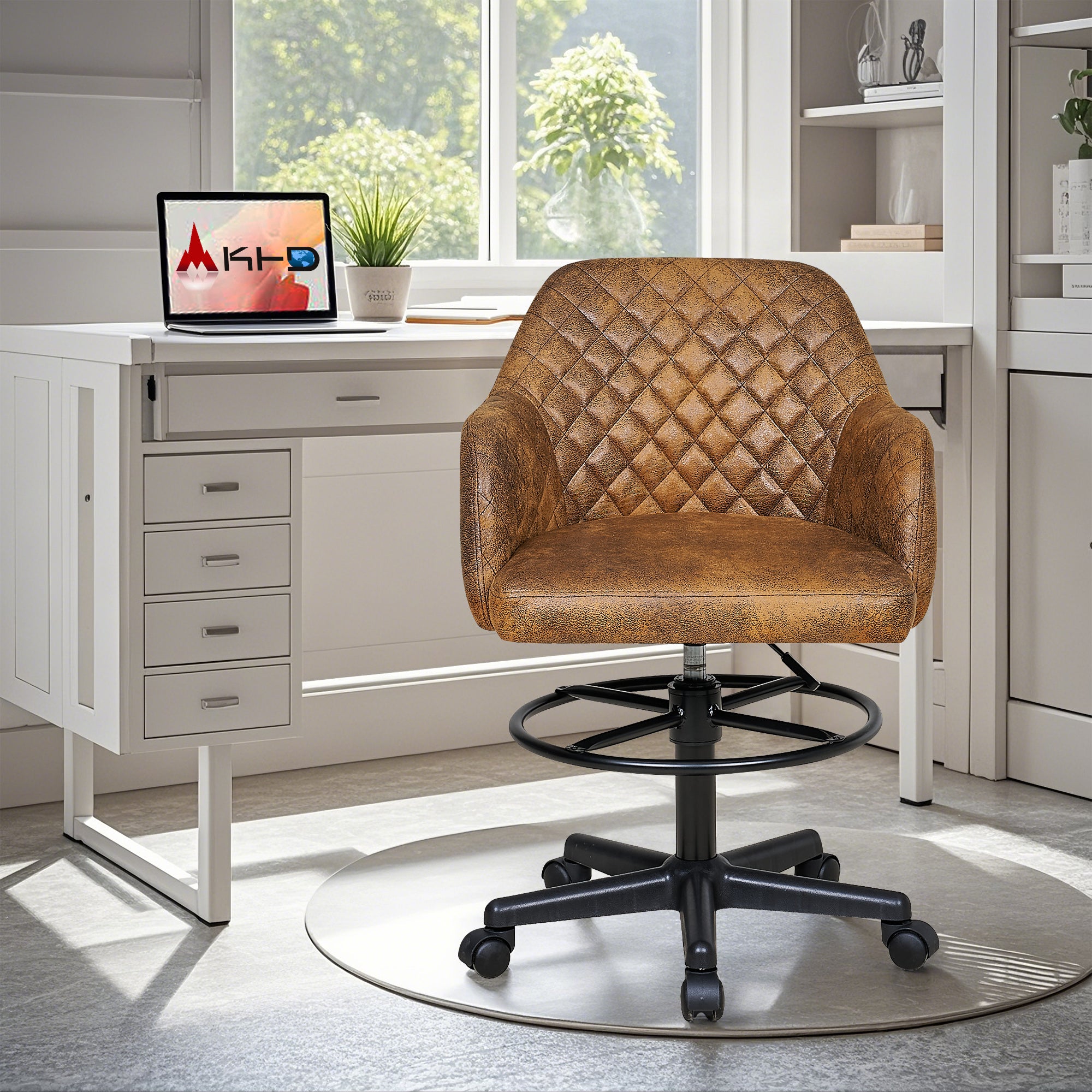 Vecelo LOE-OC22-BRN PU Leather Drafting Chair with Low Back and Footrest Ring Height Adjustable Swivel Rolling Wheels for Drawing Standing Desk Office