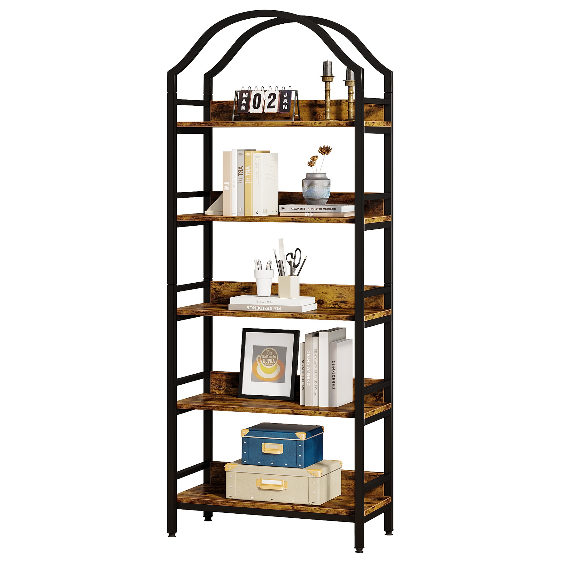 Tribesigns Rustic Brown and Black Metal 7-Shelf Corner Bookcase (13.4-in W x 78.74-in H x 13.4-in D) Unfinished | HOGA-C0820