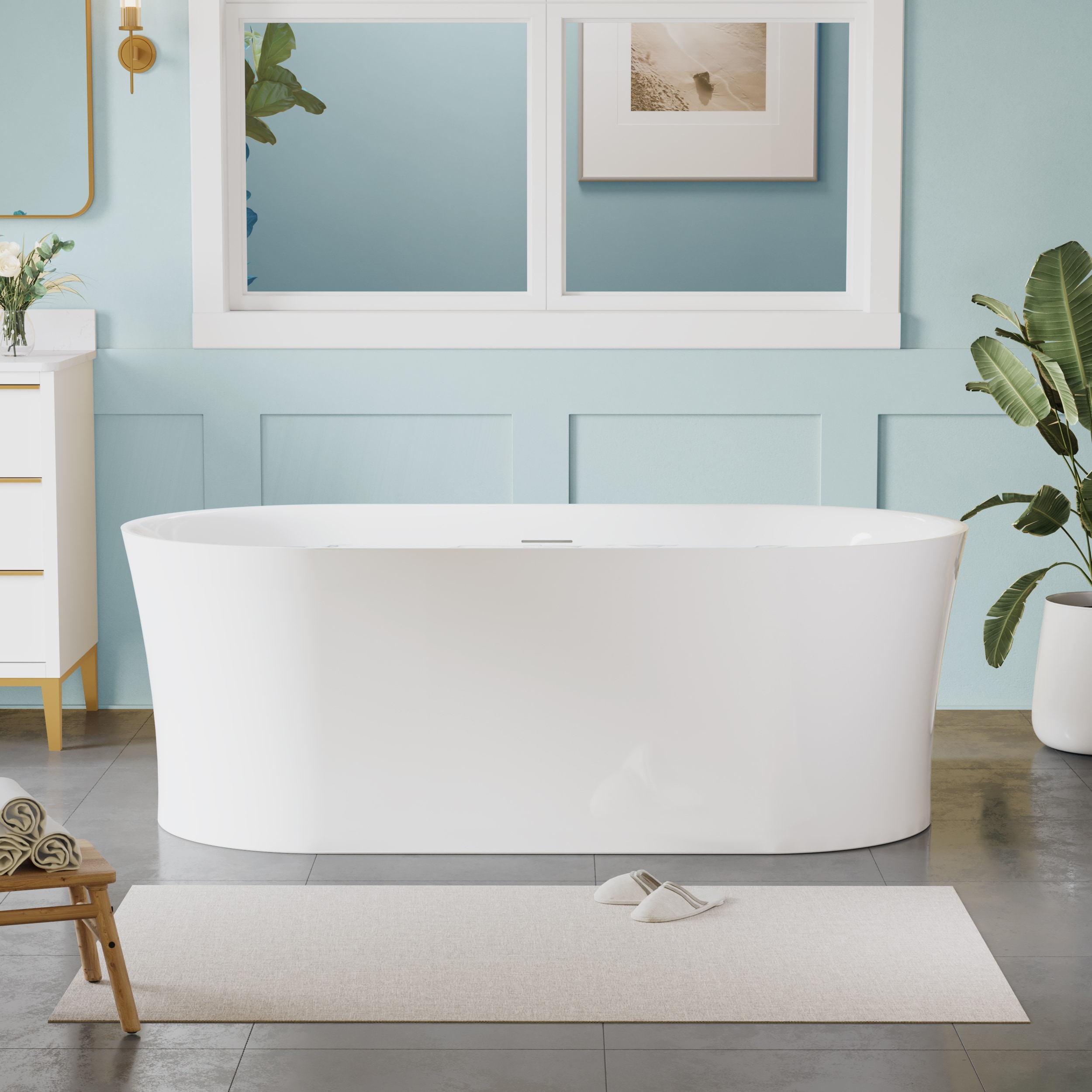 Forclover CLR-P203359 CBR Acrylic Freestanding Soaking Bathtub 31.5-in x 68.27-in White Acrylic Oval Freestanding Soaking Bathtub with Drain ( Center Drain )