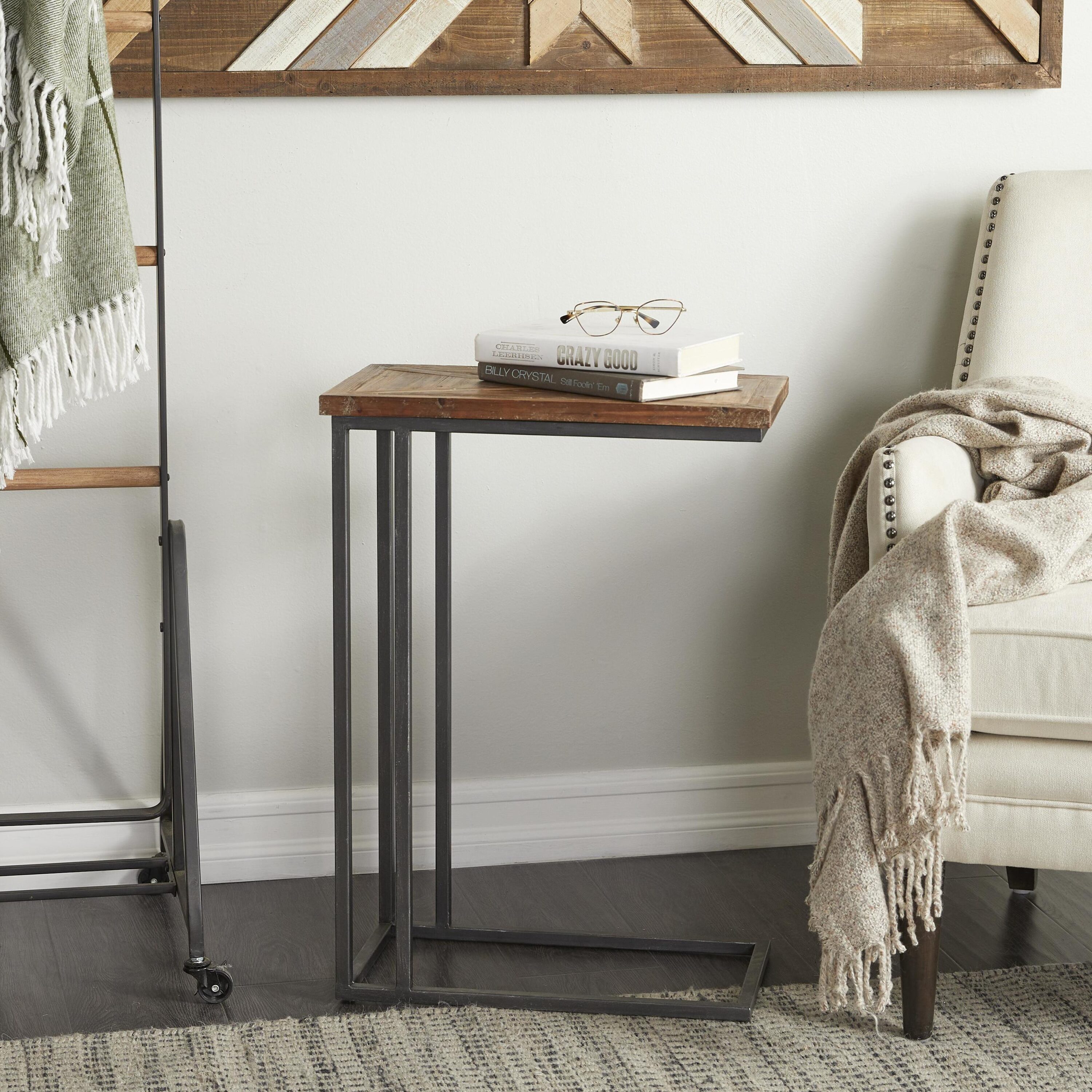 Grayson Lane 94351 19-Inches W x 26-Inches H Black C-Shaped with Brown Wood Top Wood Rectangular Rustic End Table