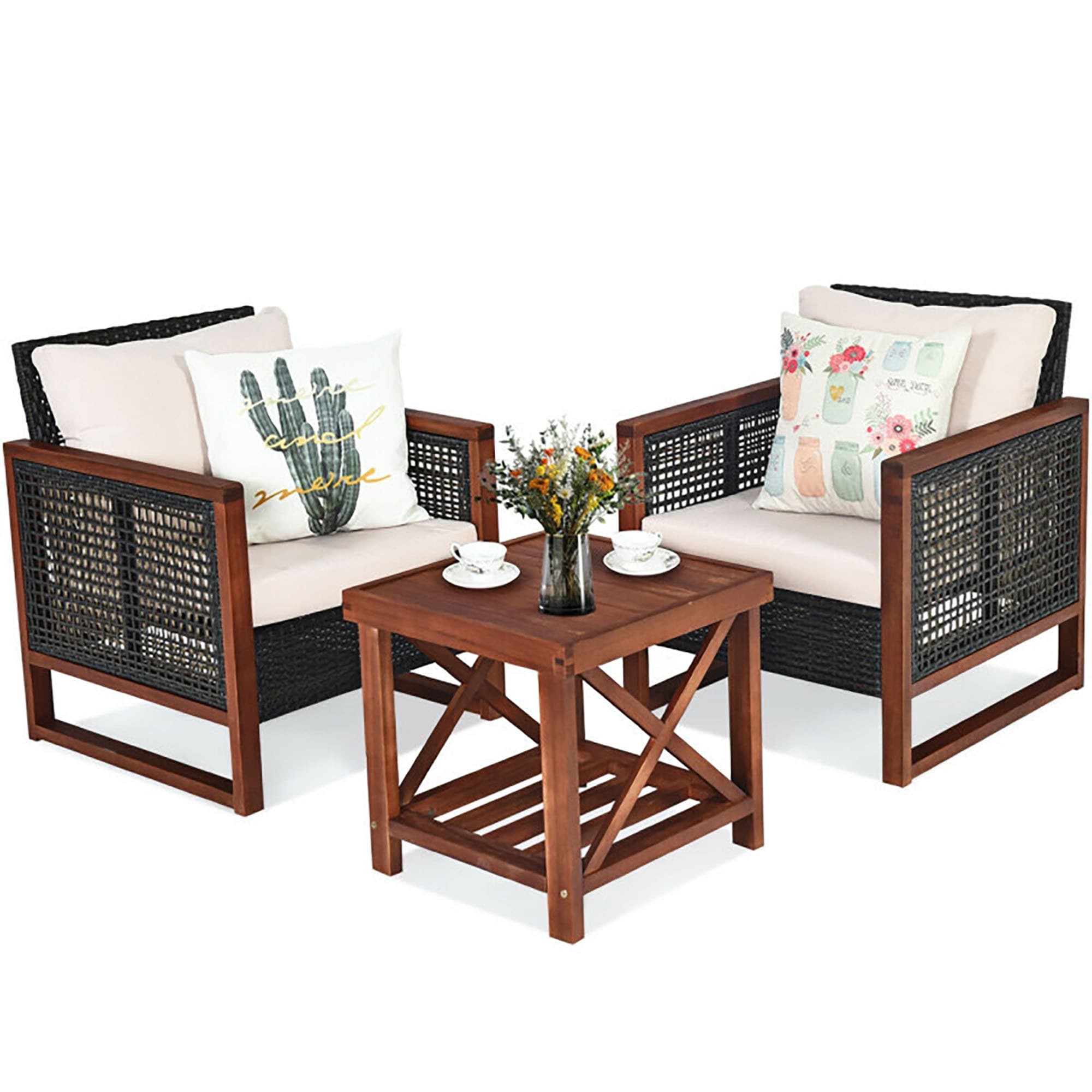CASAINC CEW-HZ001-BR Acacia Wood Patio Furniture Set with Coffee Table 3 -Piece Rattan Patio Conversation Set with Off-white Cushions