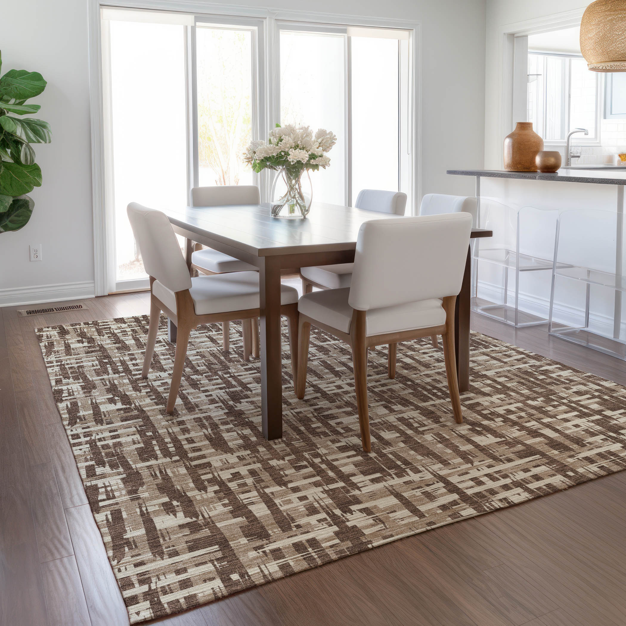 Brown and Beige Synthetic Flat Woven Washable Area Rug