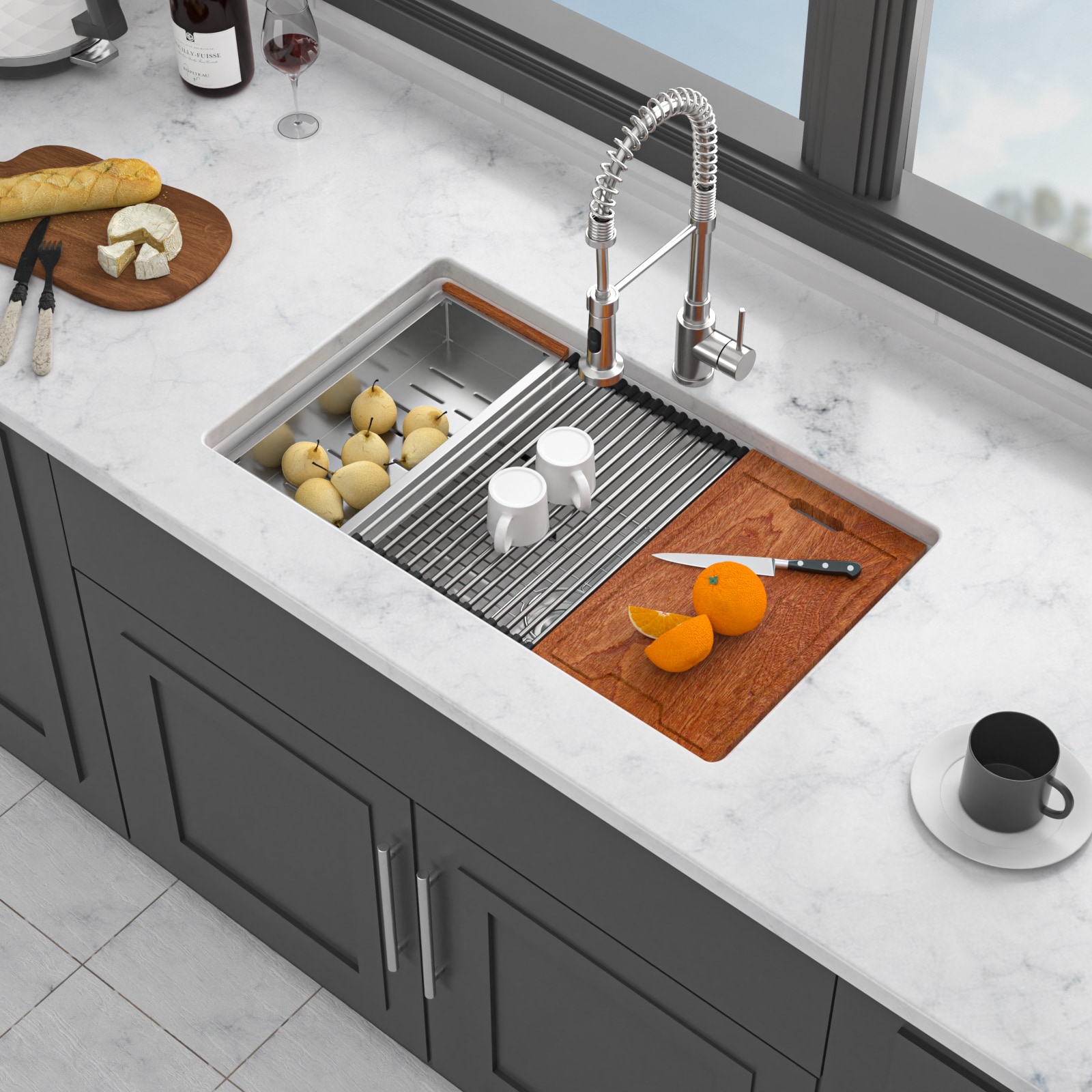 FAVSH Undermount White Kitchen Sink Workstation 33 inch White Porcelain Ceramic Single Bowl Dual Mount Kitchen Sink