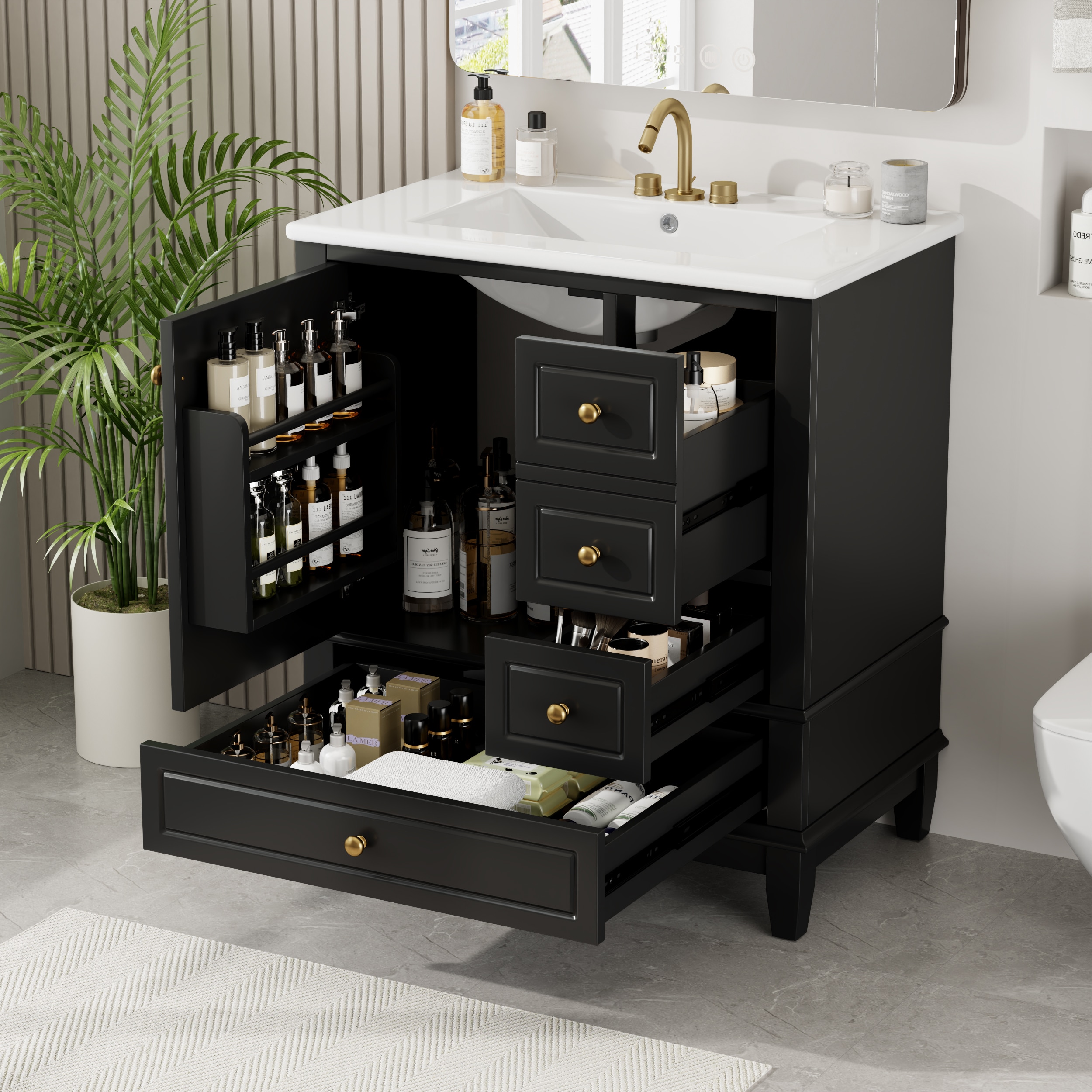 FAVSH  Freestanding Black 30-in Single Sink Bathroom Vanity with White Ceramic Sink Top Needs Assembly Soft Close Three Drawers