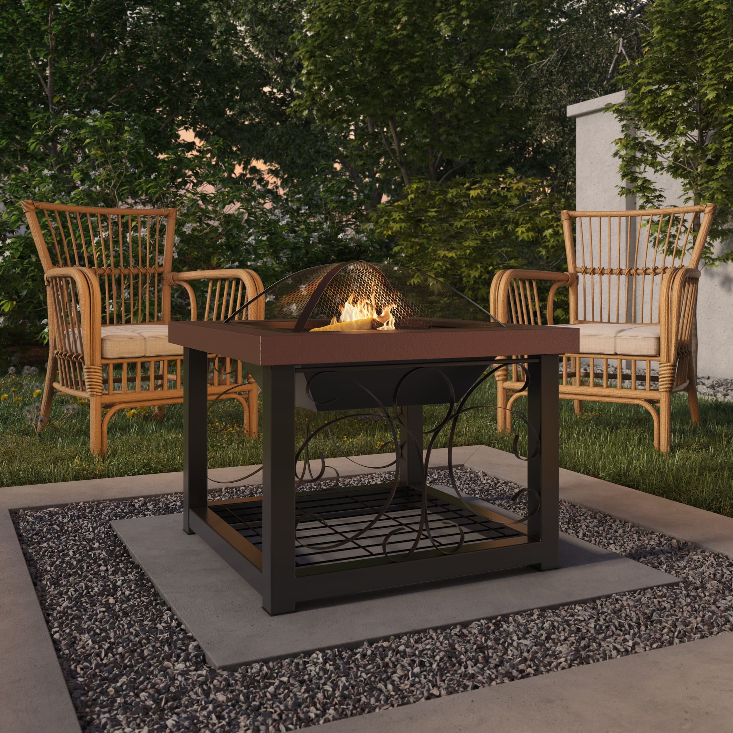 30" Bronze Wood Fire Pit Table with Storage Rack