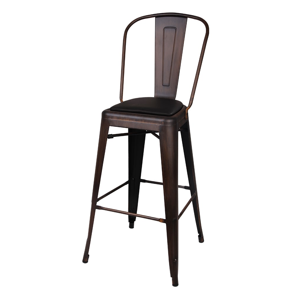 GIA MS45KANTIBKPU1LWS High Back Metal Barstool with Black Leather Cushion 30" Counter Height Antique Black 30.0-in H Bar height Square seat Upholstered Stackable Metal Bar Stool and Back