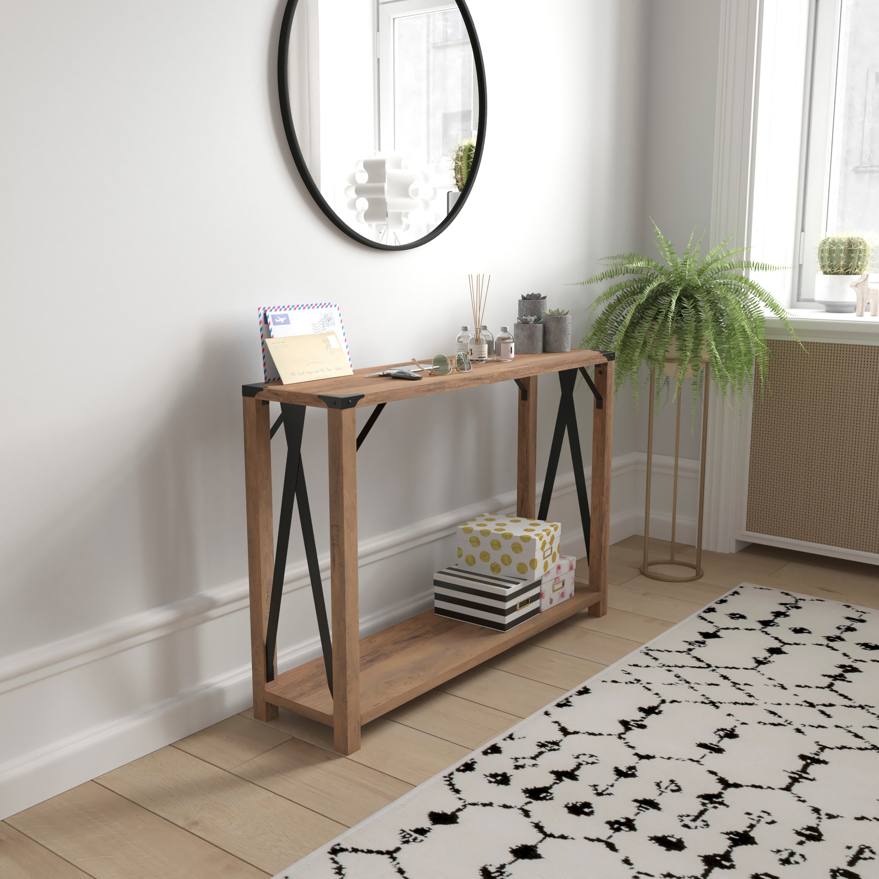 Flash Furniture - Wyatt Modern Farmhouse Wooden 2 Tier Console Entry Table with Black Metal Corne...