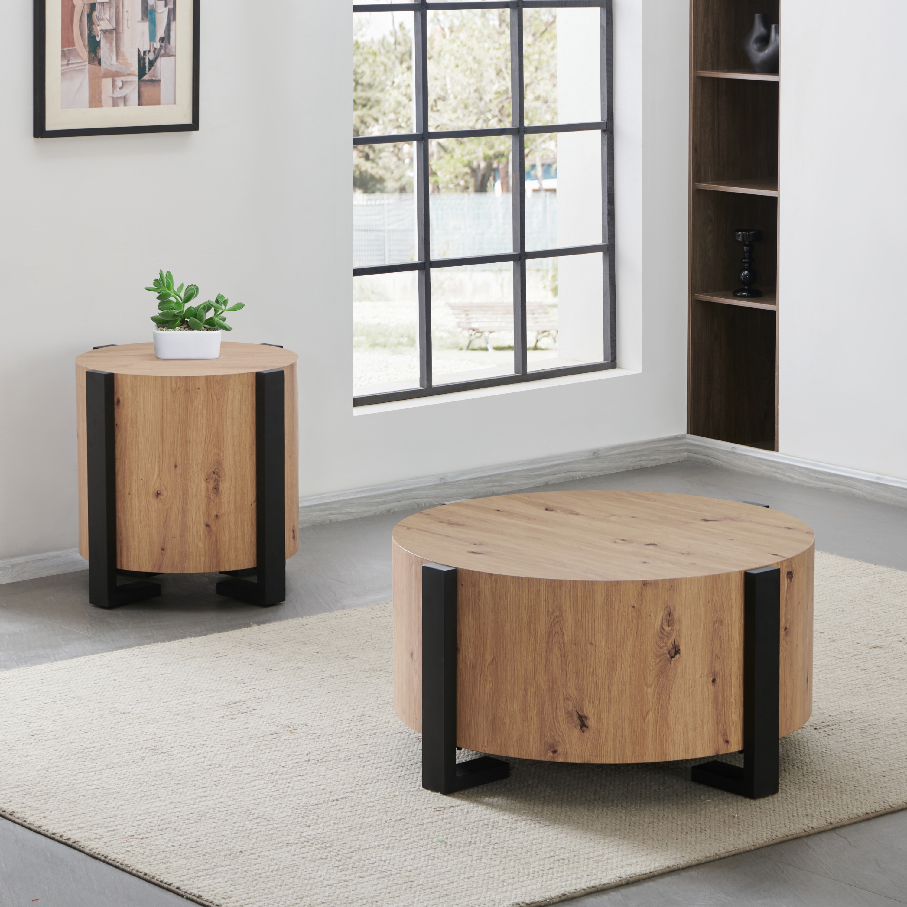 Darcie Natural Brown Round Wood End Table with Black Metal Legs