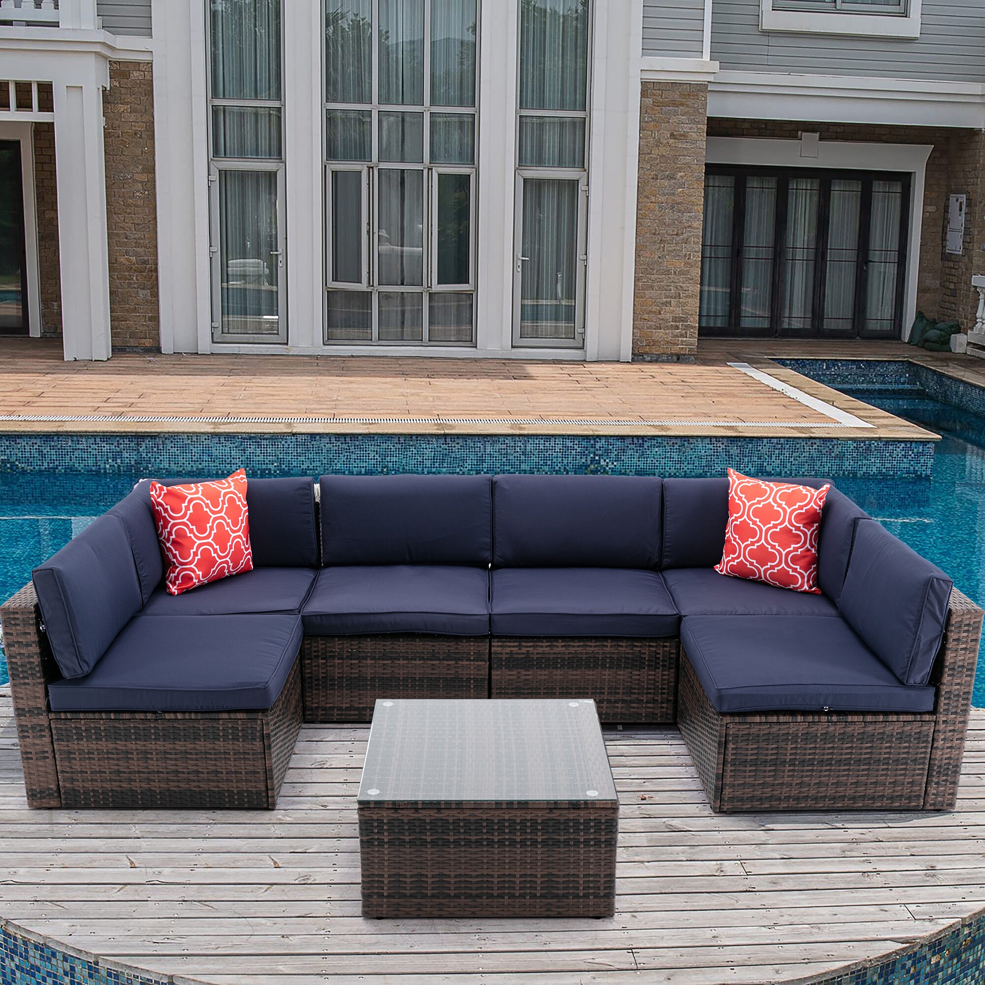 Bayfeve BF-0021HF 7 -Piece Wicker 2 Patio Sofa Conversation Set with Blue Cushions