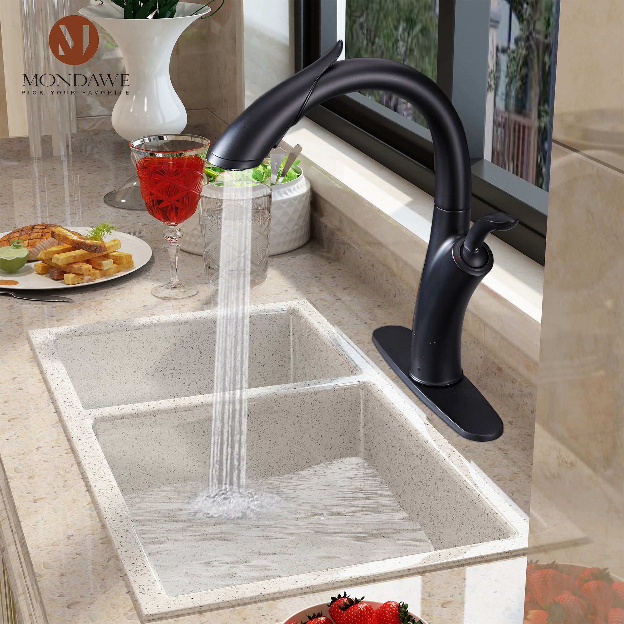 Mondawe Matte Black Single Handle Pull down Kitchen Faucet with