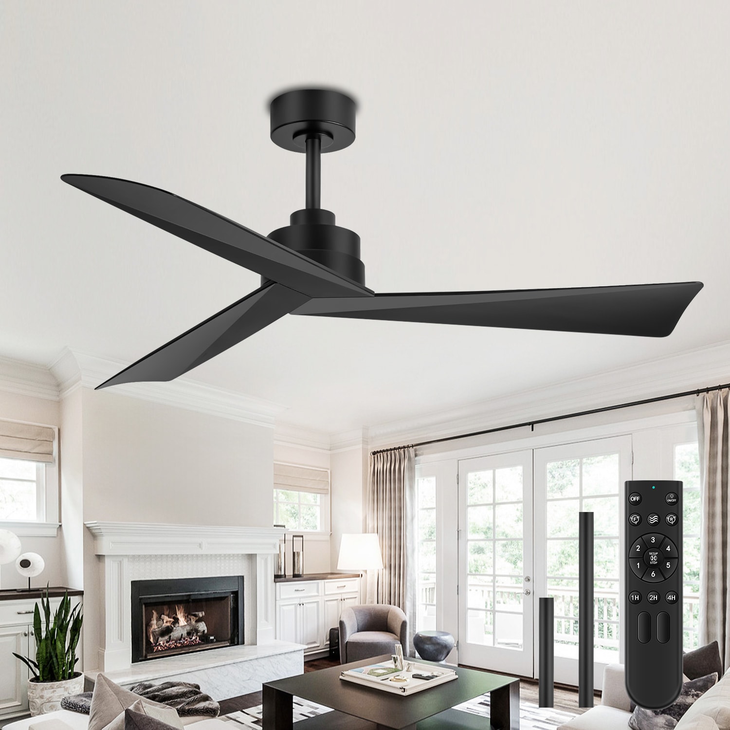 Breezary 30015-AB-NL 52-in Black with ABS Blades Propeller Ceiling Fan Without Light - Remote Included ( 3 -Blade )