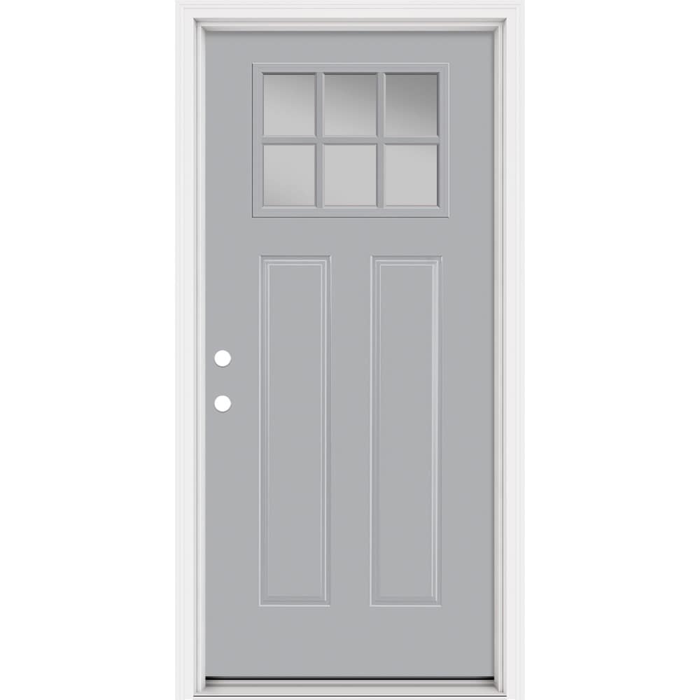 Masonite 321251 Steel Doors Series 36-in x 80-in x 4-9/16-in Steel Craftsman Right-hand inswing Infinity Grey Painted Prehung Front Door with Brickmould Insulating core