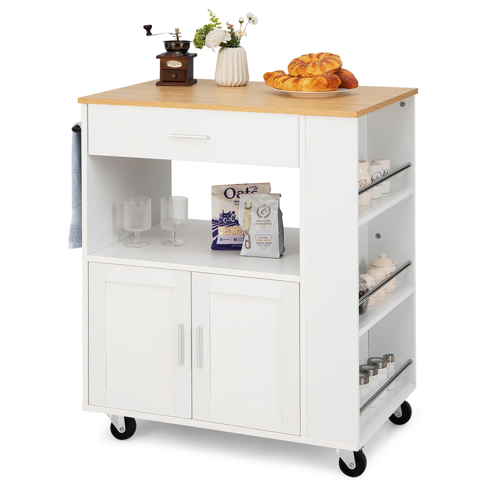Goplus LWS00272 White Wood Base with Wood Wood Top Rolling Kitchen Cart ( 20-Inches x 32.5-Inches x 36.5-Inches )