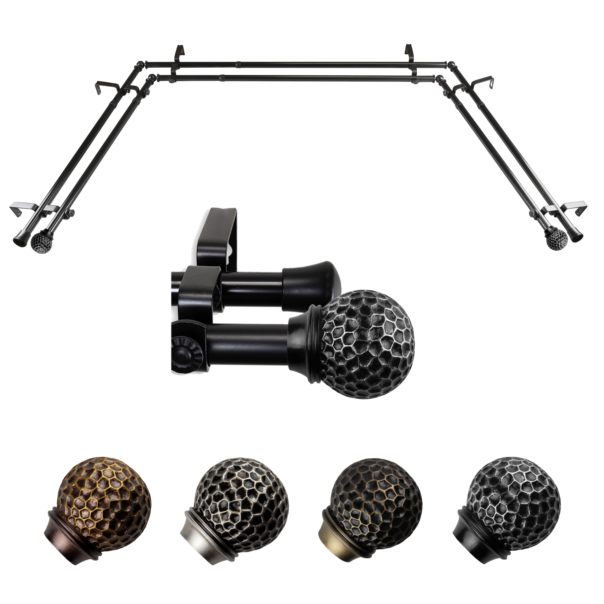 Hart & Harlow L-ABAY-85-2D Colin 13/16-in Double 38-in to 72-in Black Steel Bay window curtain rod with Finials