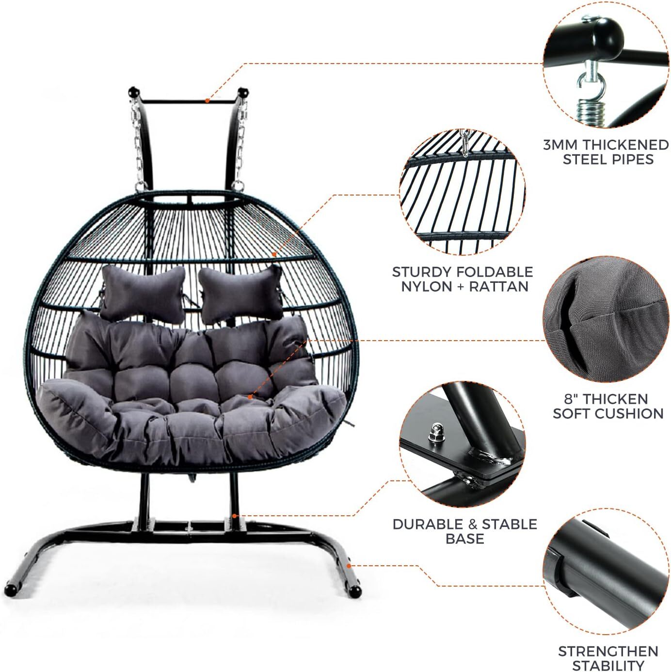 Outdoor Iron Double Swing Chair with Cushions