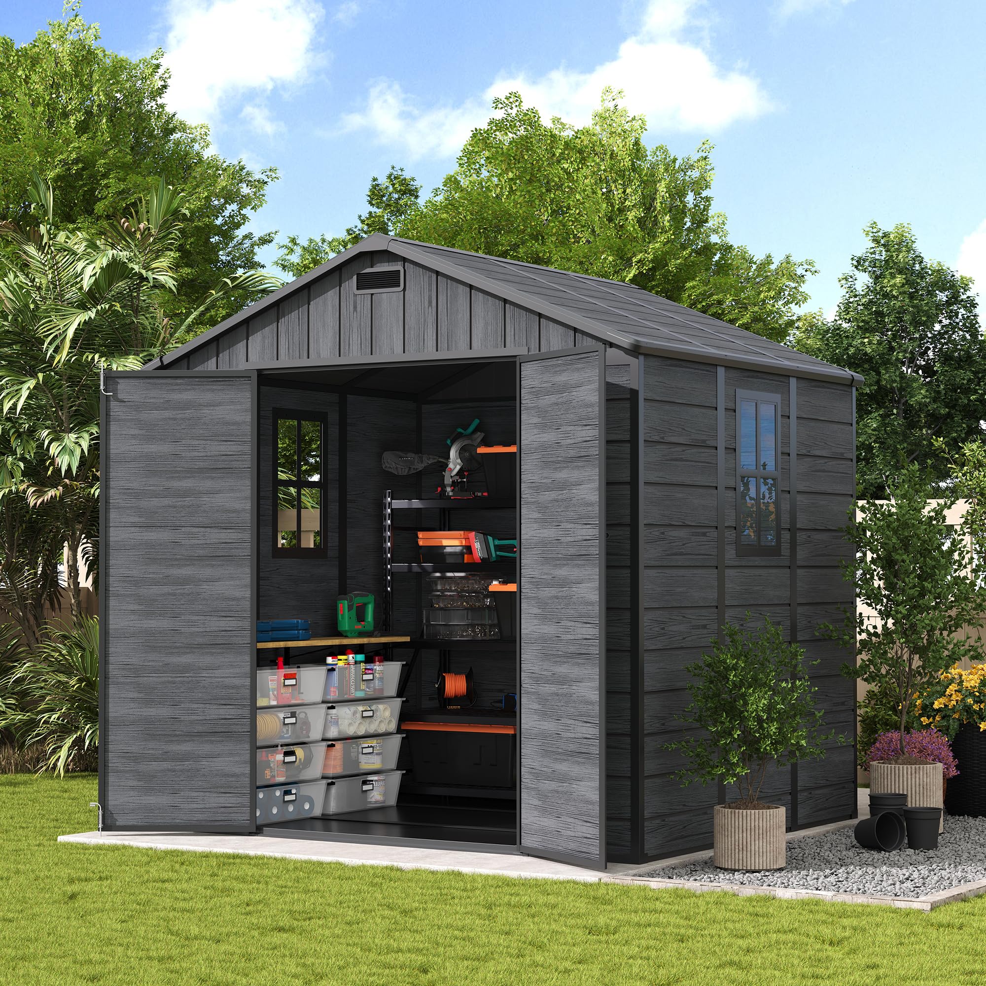 UDPATIO 761610771086 8x6 FT Storage Shed Resin Outdoor Shed with Floor Included Plastic Outdoor Storage Shed for Bike and Garden Tools with Lockable Door Window and Vents