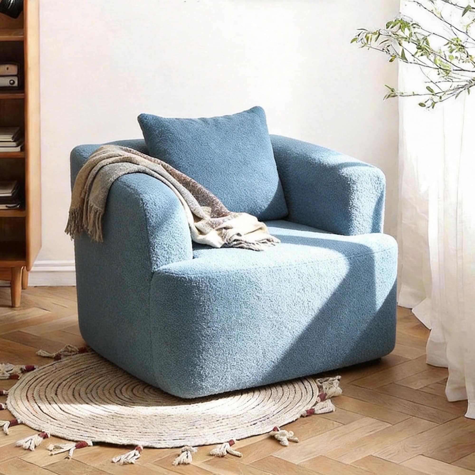 Horizons Prime - 37 inch x 34 inch x 28 inch Blue Teddy Velvet 360 Degree Swivel Round Upholstere...