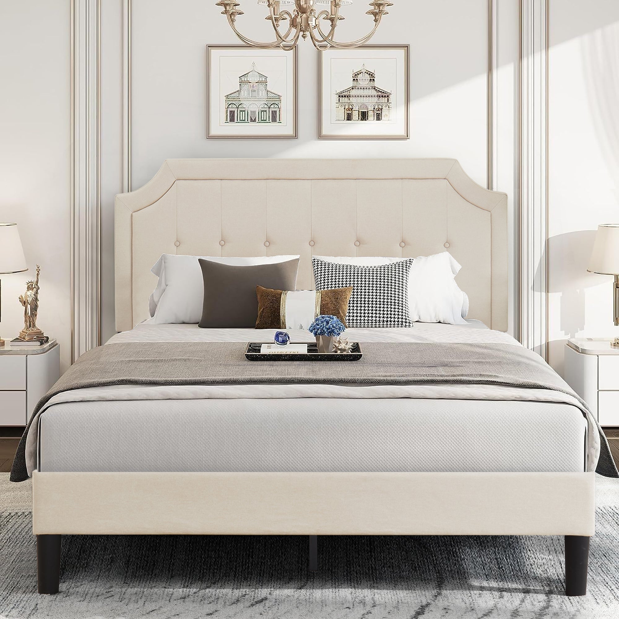 Vecelo LOE-BTJ-RF02-BGE Upholstered Bed Frame Full Size Button Tufted Platform with Adjustable Headboard Beige