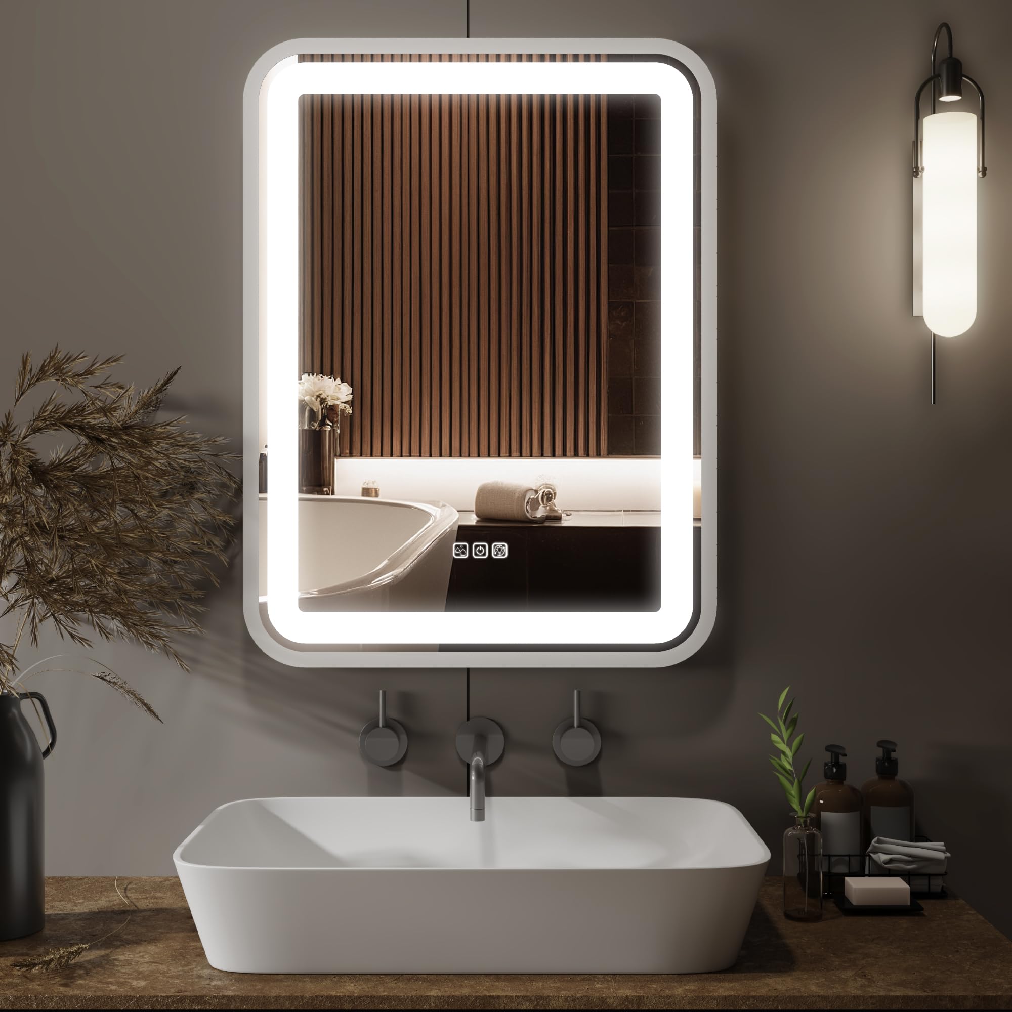 AAZJ DR-P296178 Bathroom Mirrors 24-in x 32-in Beveled Frameless Rectangle Dimmable LED Lighted Fog Free Bathroom Vanity Mirror ( Silver )
