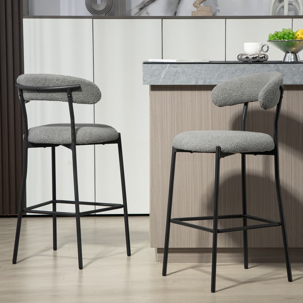 Maison Boucle MIAH-COUNTER-GRAY Set of 2 25.19 Inch Gray Counter Height Bar Stools with Teddy Fabric Black Metal Legs for Kitchen