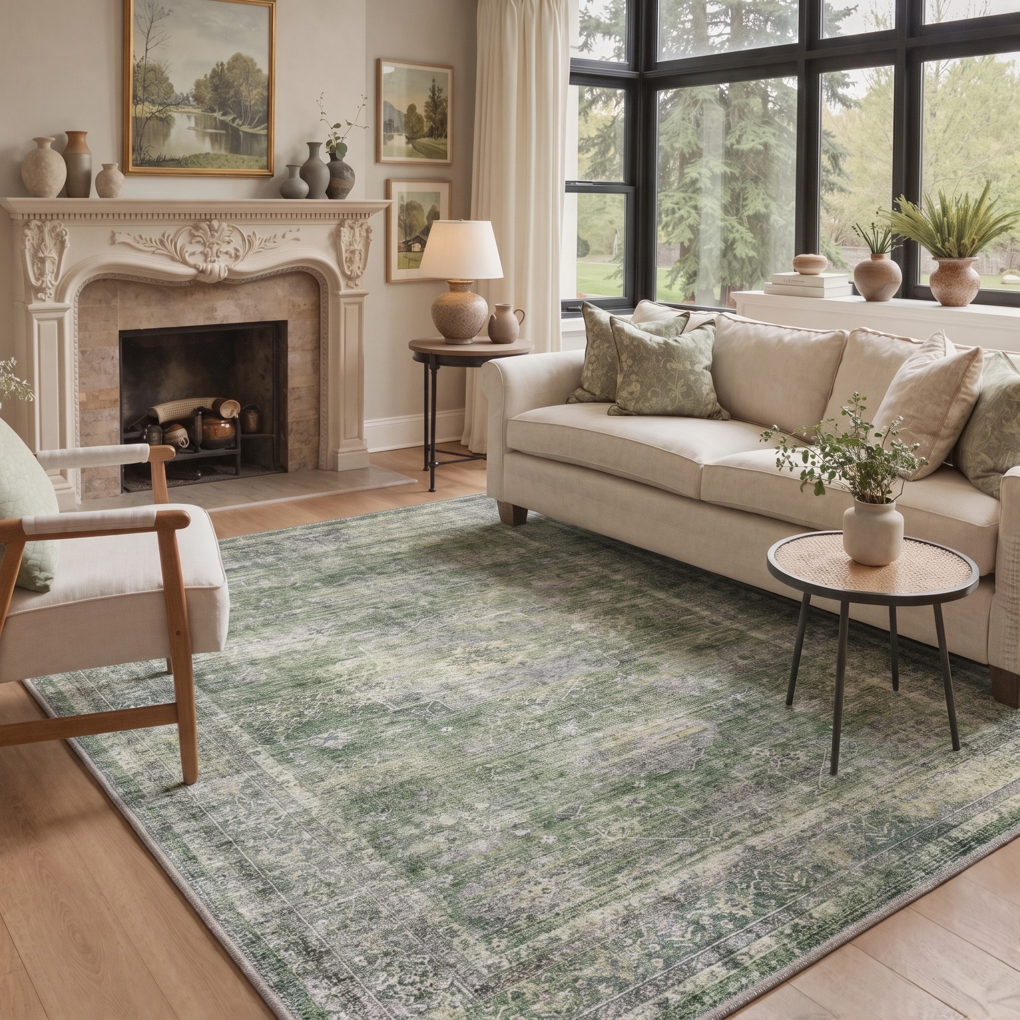 BAVNI 9 x 12 Machine Washable Vintage Area Rug for Living Room Non Slip Flat Pile Rug with Rubber Backing Boho Rug for Entryway Bedroom Dining Room Home Office Green
