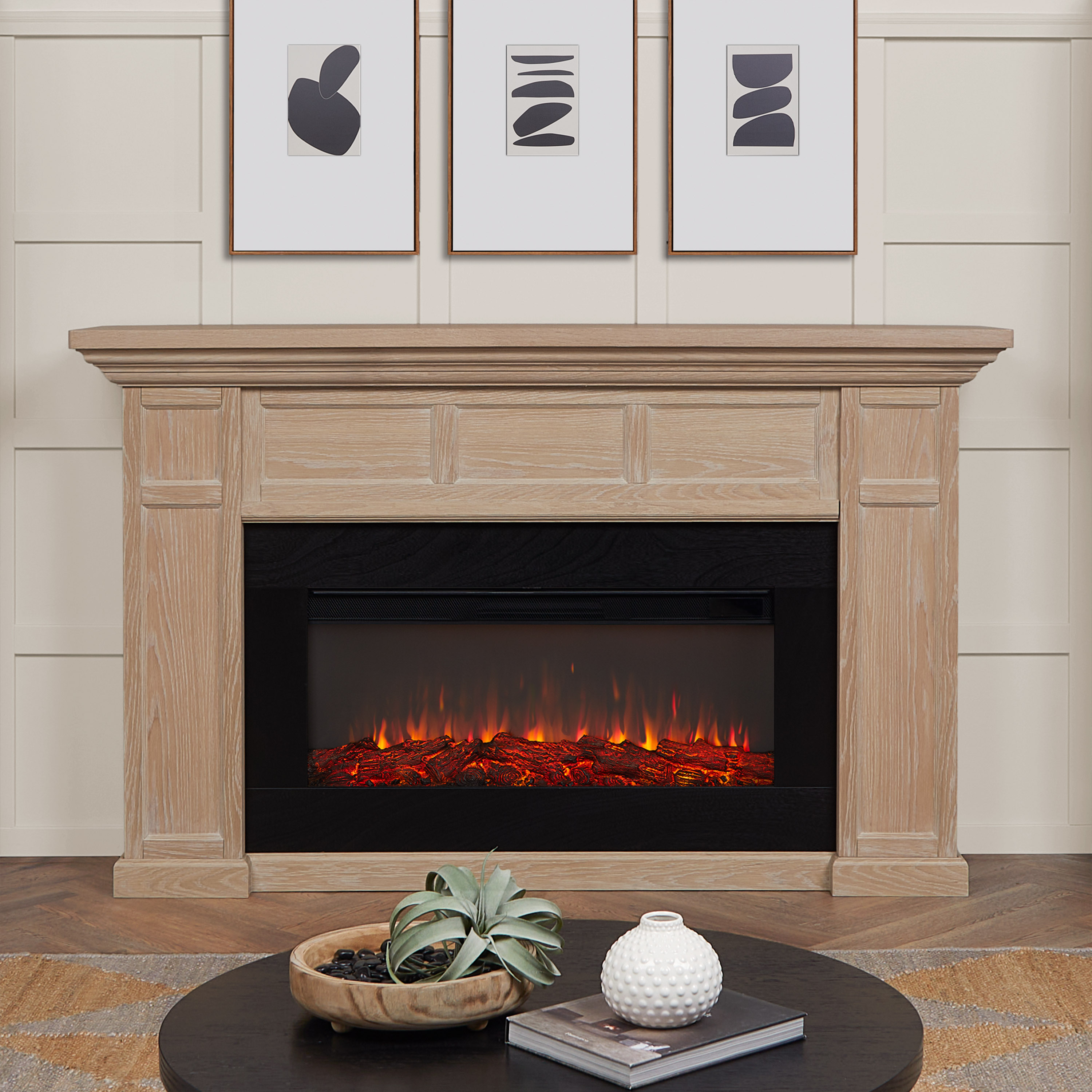 Real Flame 4130E-WO 74.75-Inches W White Oak TV Stand with Infrared quartz Flat wall Electric Fireplace with Remote Control Included