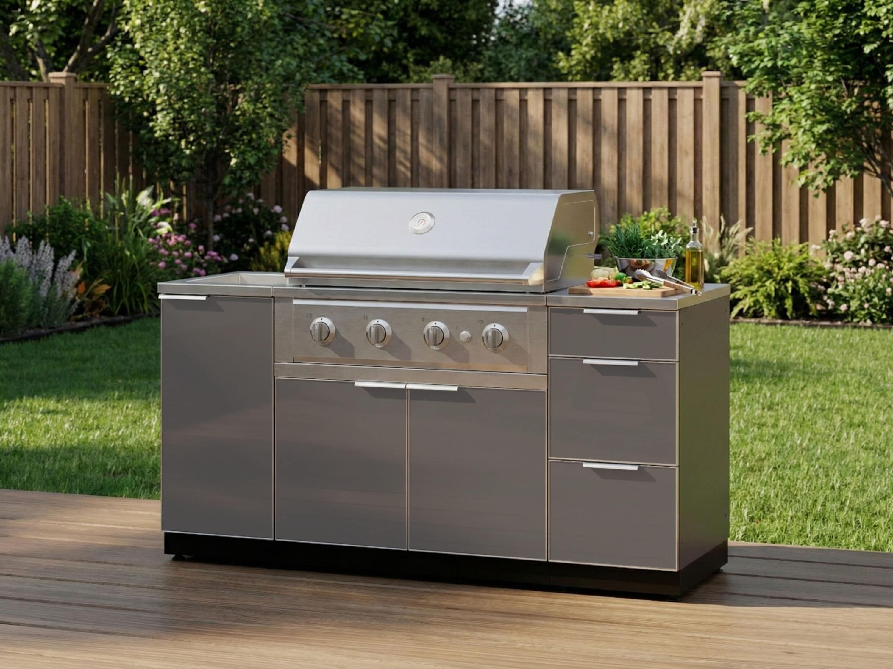 NewAge Products Classic Series 68-in W Modular Outdoor Kitchen Grill island with 4 -Burners Gas Grill, Powder-coated aluminum Slate Gray Tempered glass panel Door