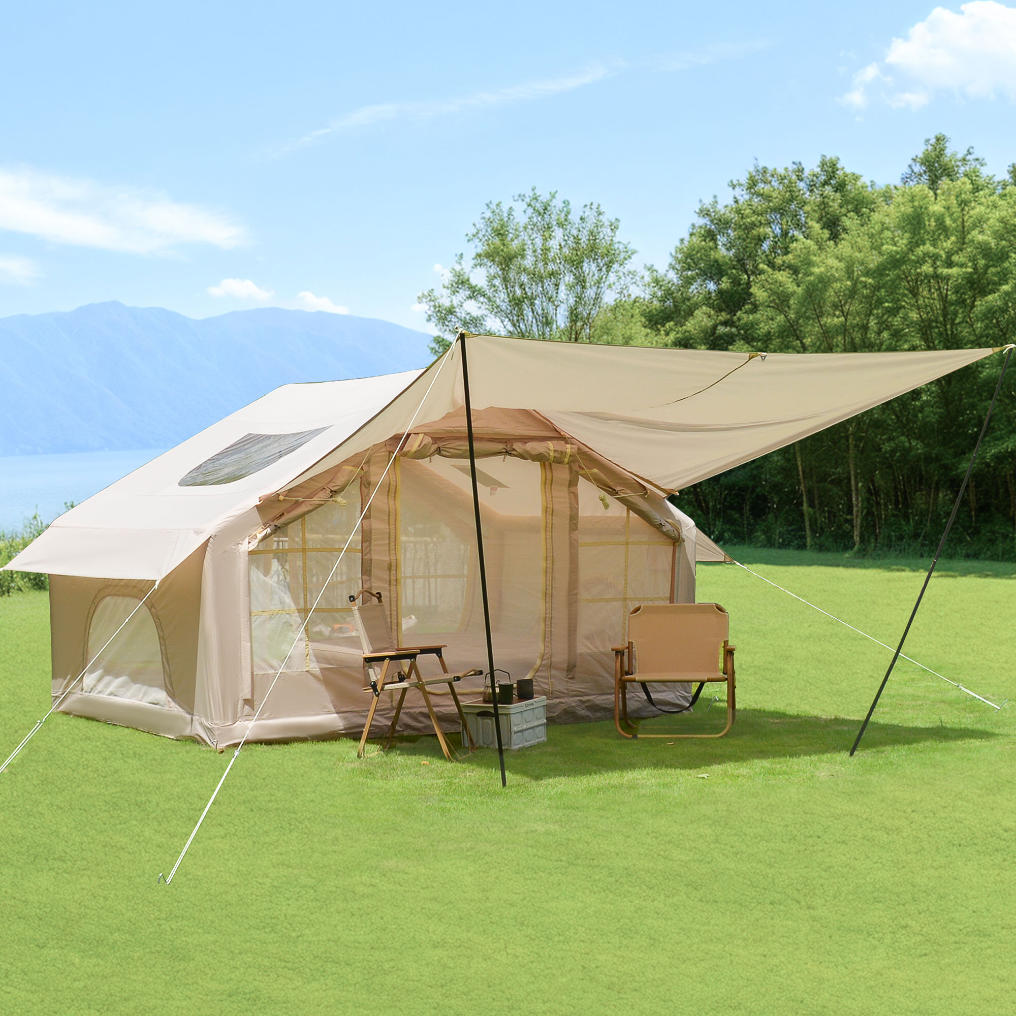 Anysun 9.8x6.8 FT Inflatable 4-Season Camping Tent with Extended Canopy and Clear Skylight 420D Oxford