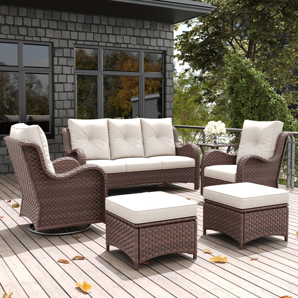 LayinSun BYT6003-BRBEIGE-6PWT 6 -Piece Outdoor Rattan Patio Conversation Set with Beige Cushions