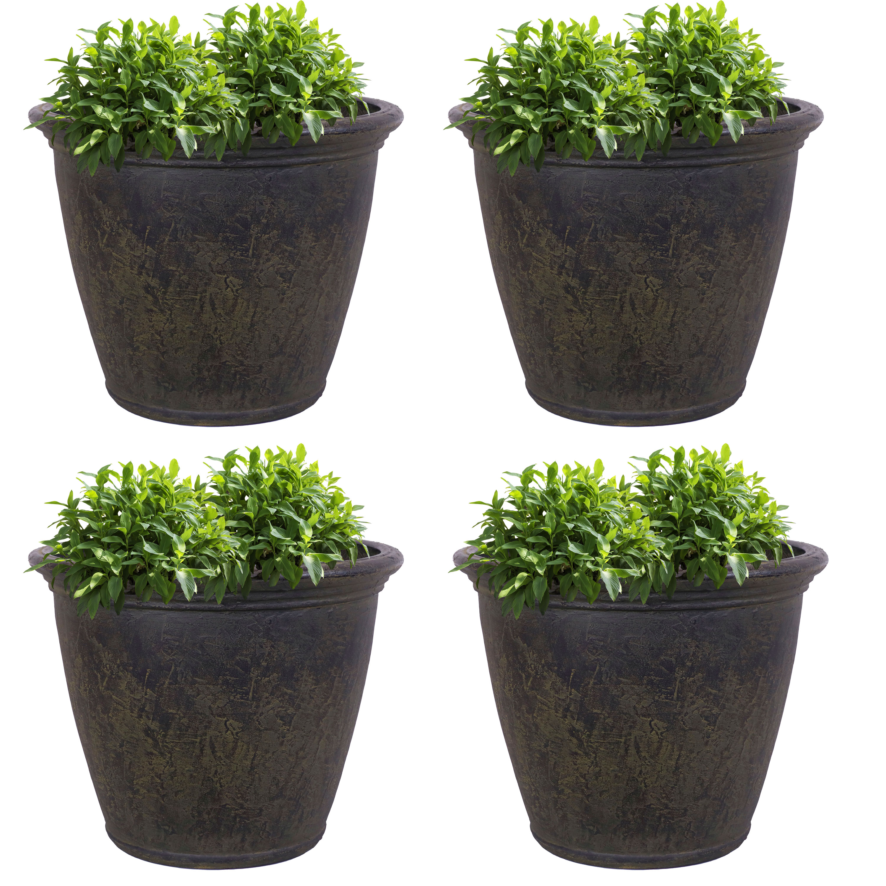 Sunnydaze Decor DG-789-4PK 4 -Pack Round 14.0-in W Medium Brown Fiberglass Indoor/Outdoor Planter with Drainage Holes