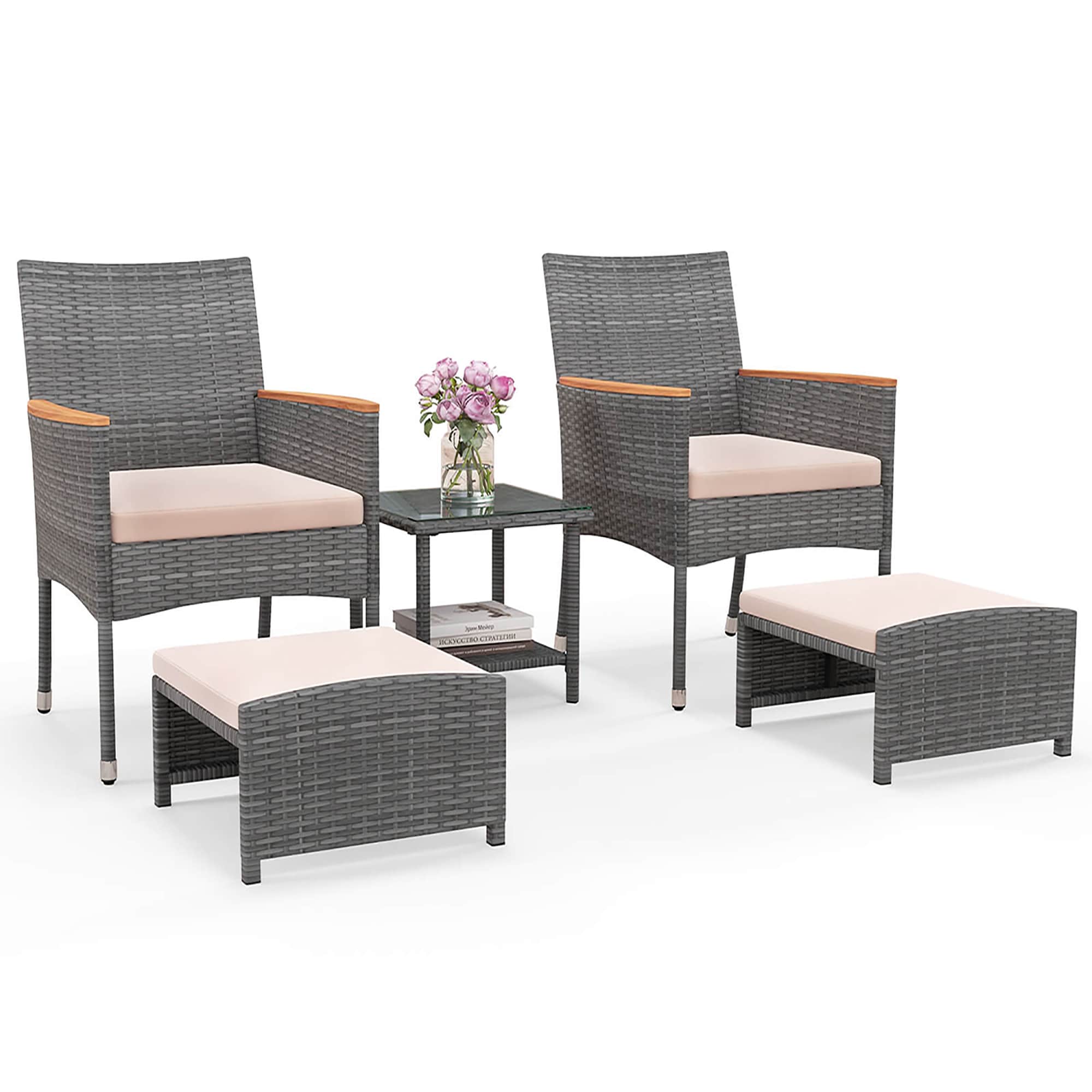 Costway HCST03503 5 -Piece Rattan Patio Conversation Set with Beige Cushions