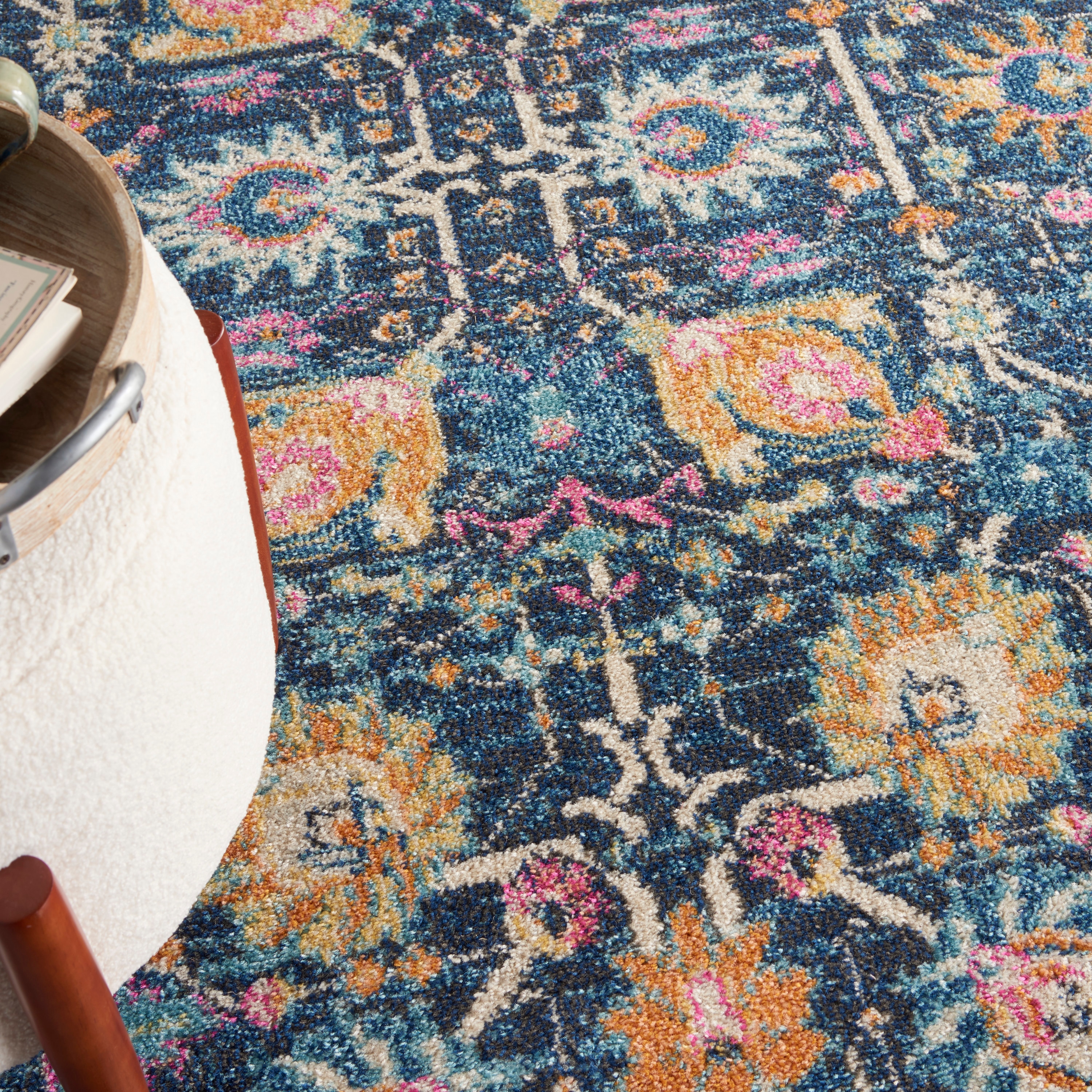 Bohemian Navy Floral Round Synthetic Area Rug - 5'3"