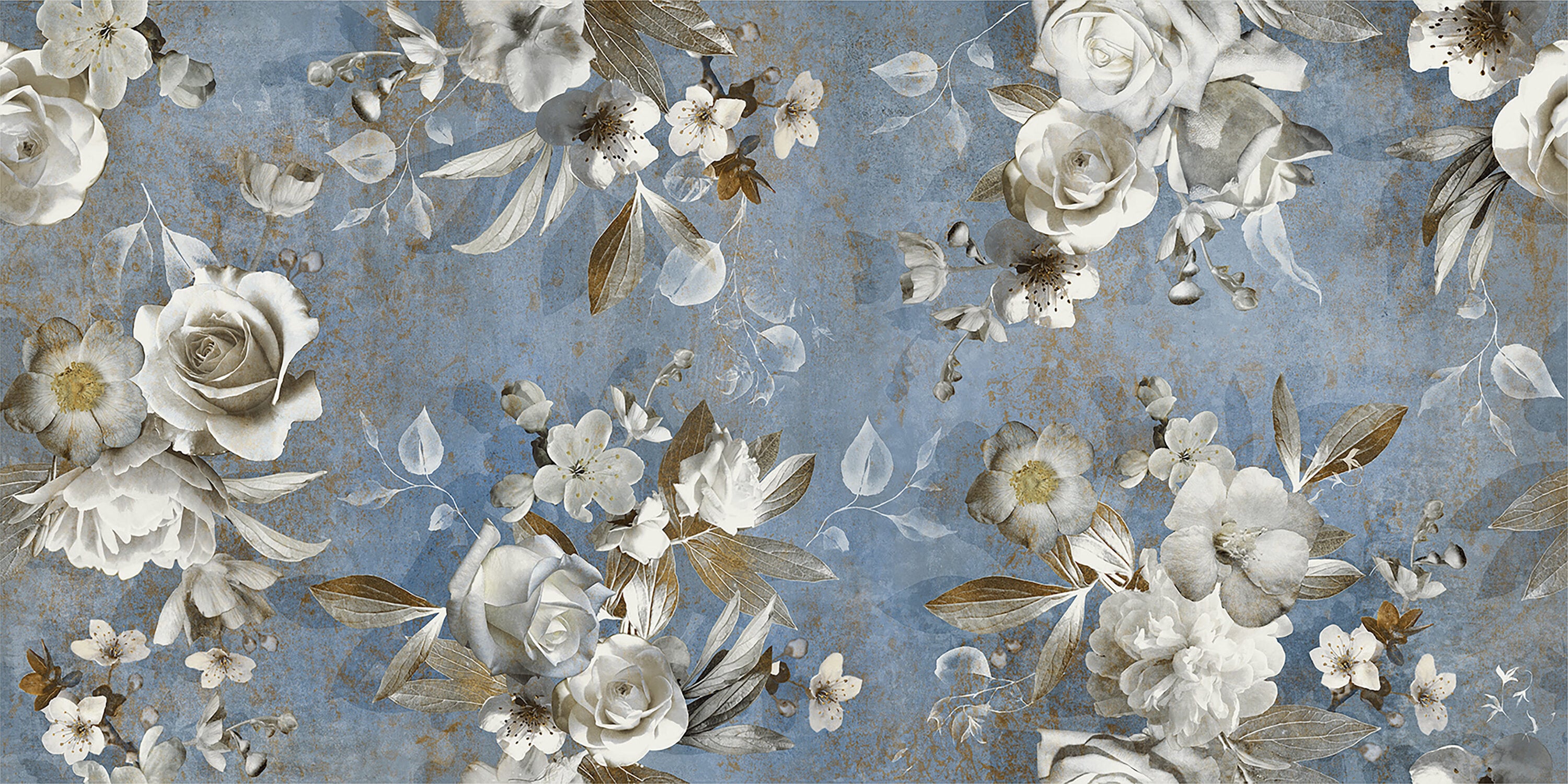 Parete Setoso Large Blue and White Glazed Porcelain Floral Tile
