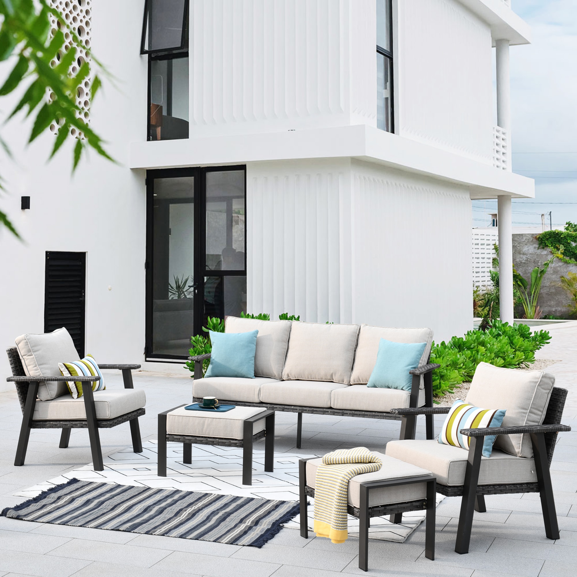 Pouuin SHW60TC05 5 -Piece Rattan Patio Sofa Conversation Set with Off-white Cushions