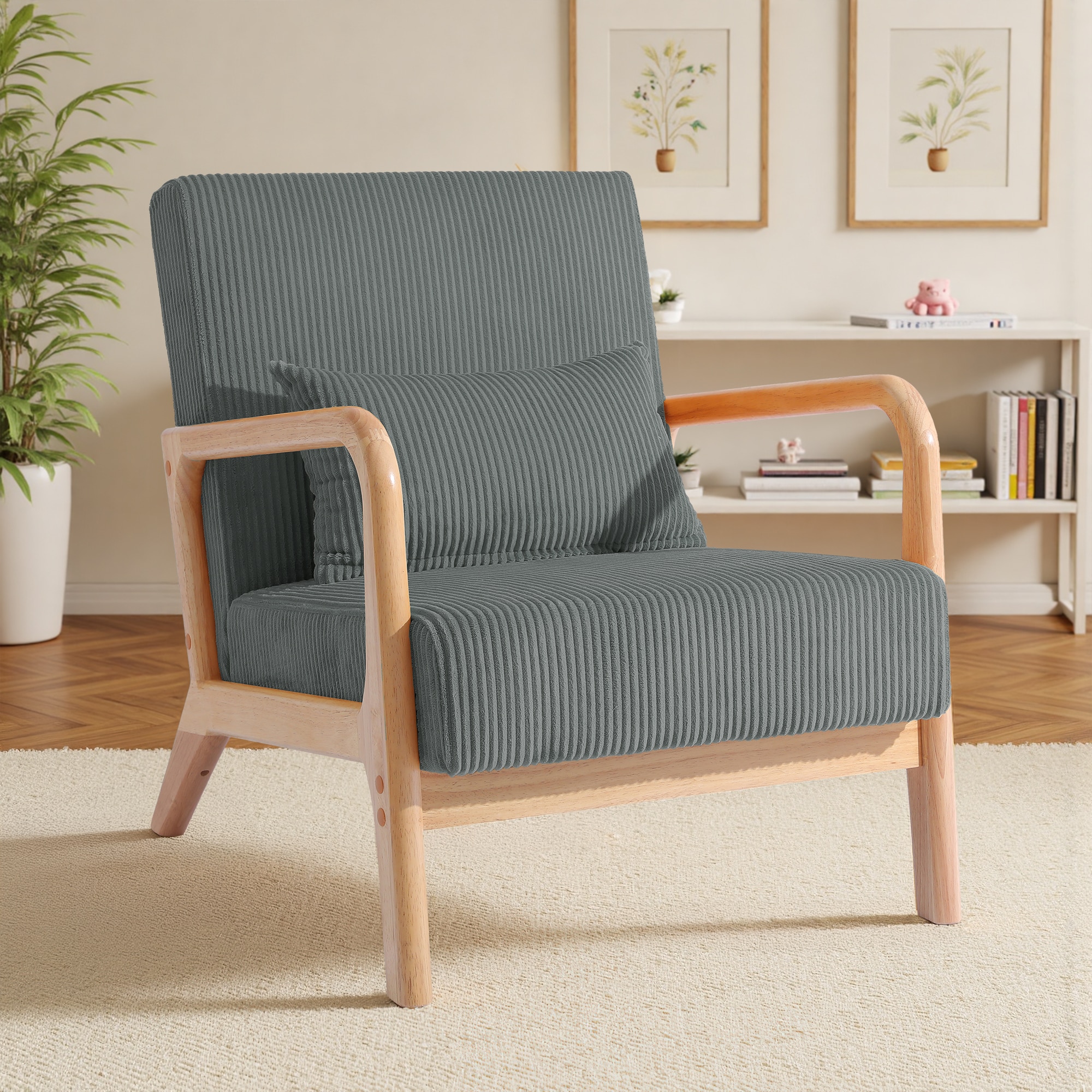 Dreamsidea - Mid Century Modern Accent Chair - Wood Frame - Corduroy Upholstered Seat - Waist Cus...