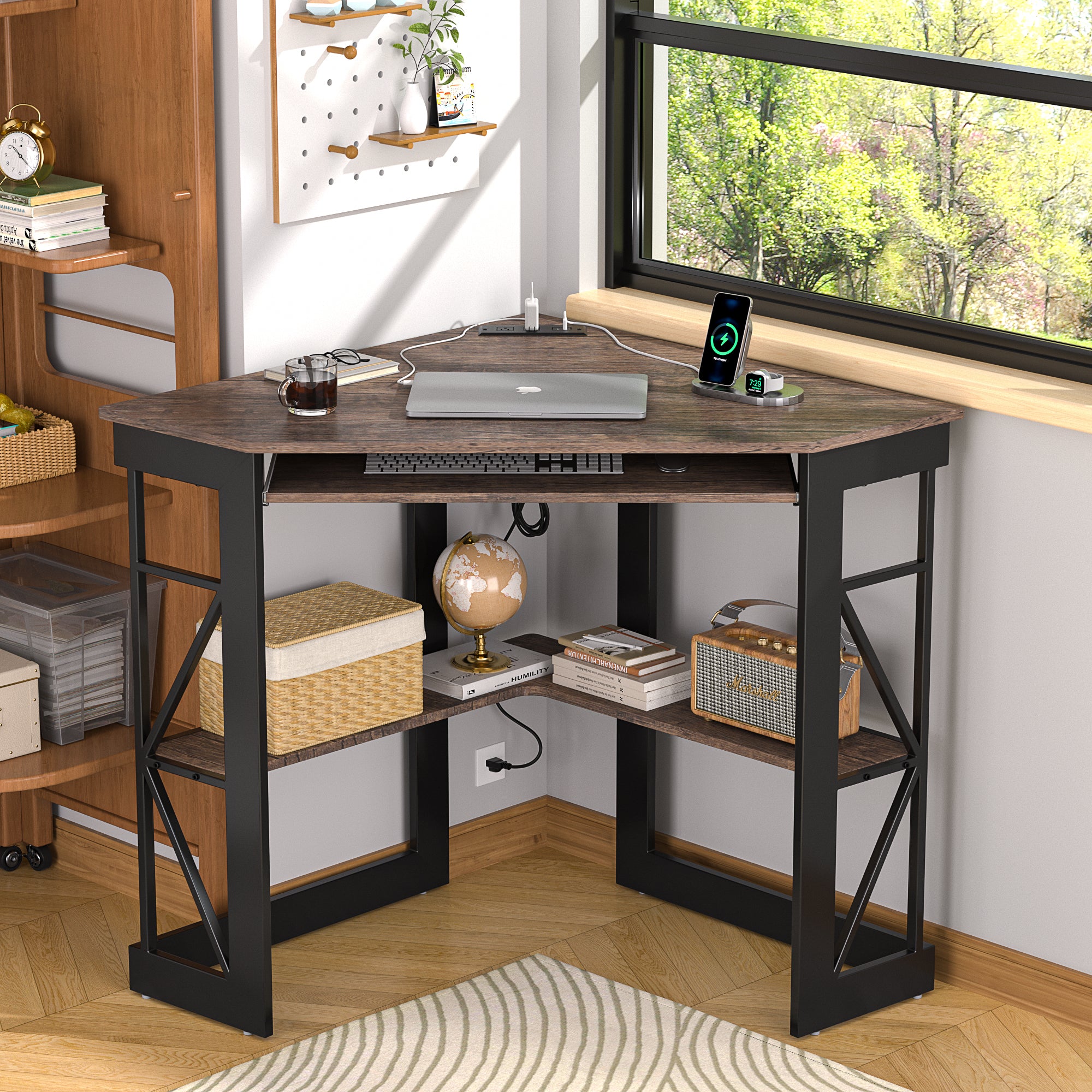 Vecelo LOE-XJM-CD03-BRN-UP Corner Desk With Outlets and USB Ports Triangle Computer Desk With Charging Station Storage Shelf Space Saving Writing Desk For Small Space