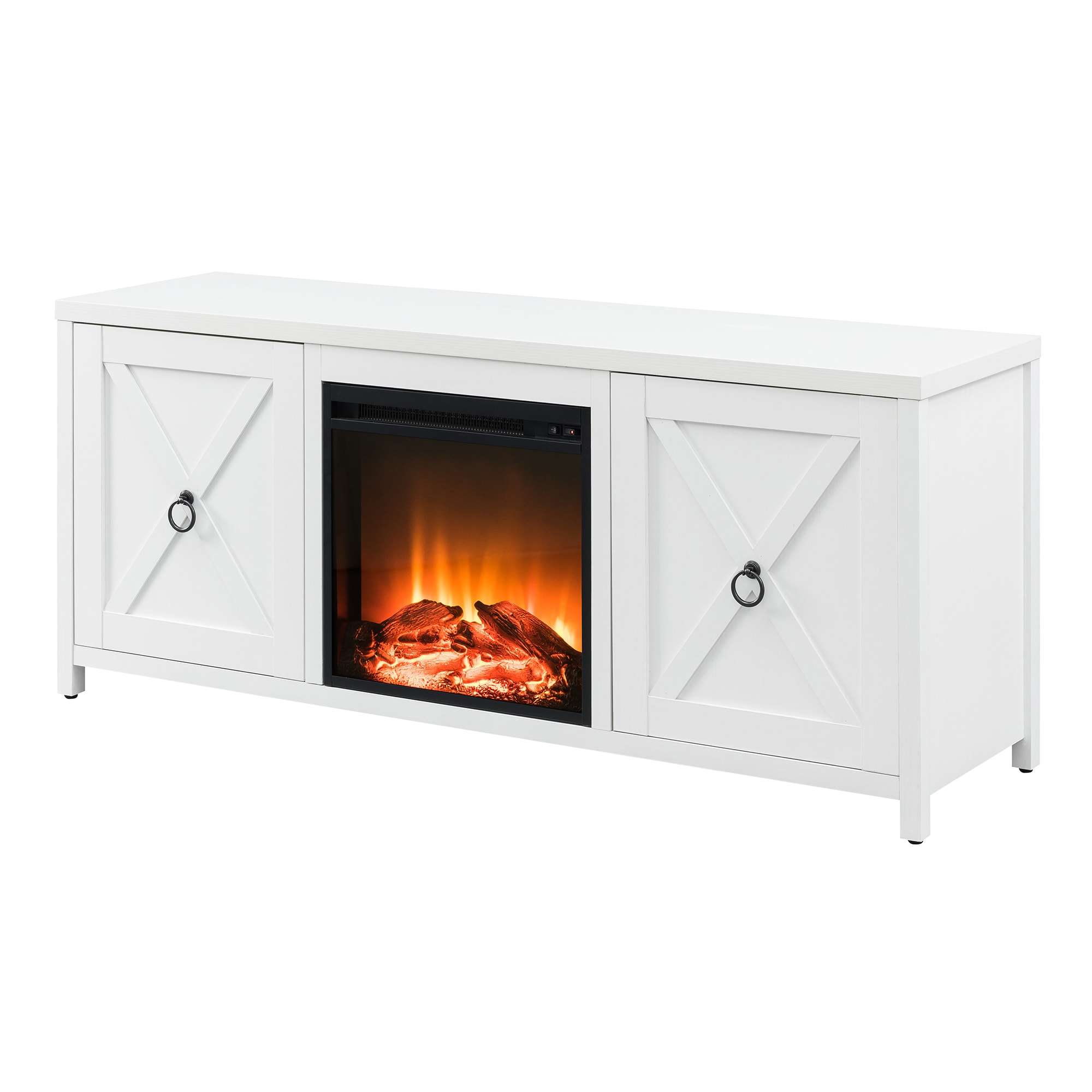 Modern Farmhouse White TV Stand with Electric Fireplace and Storage Cabinet