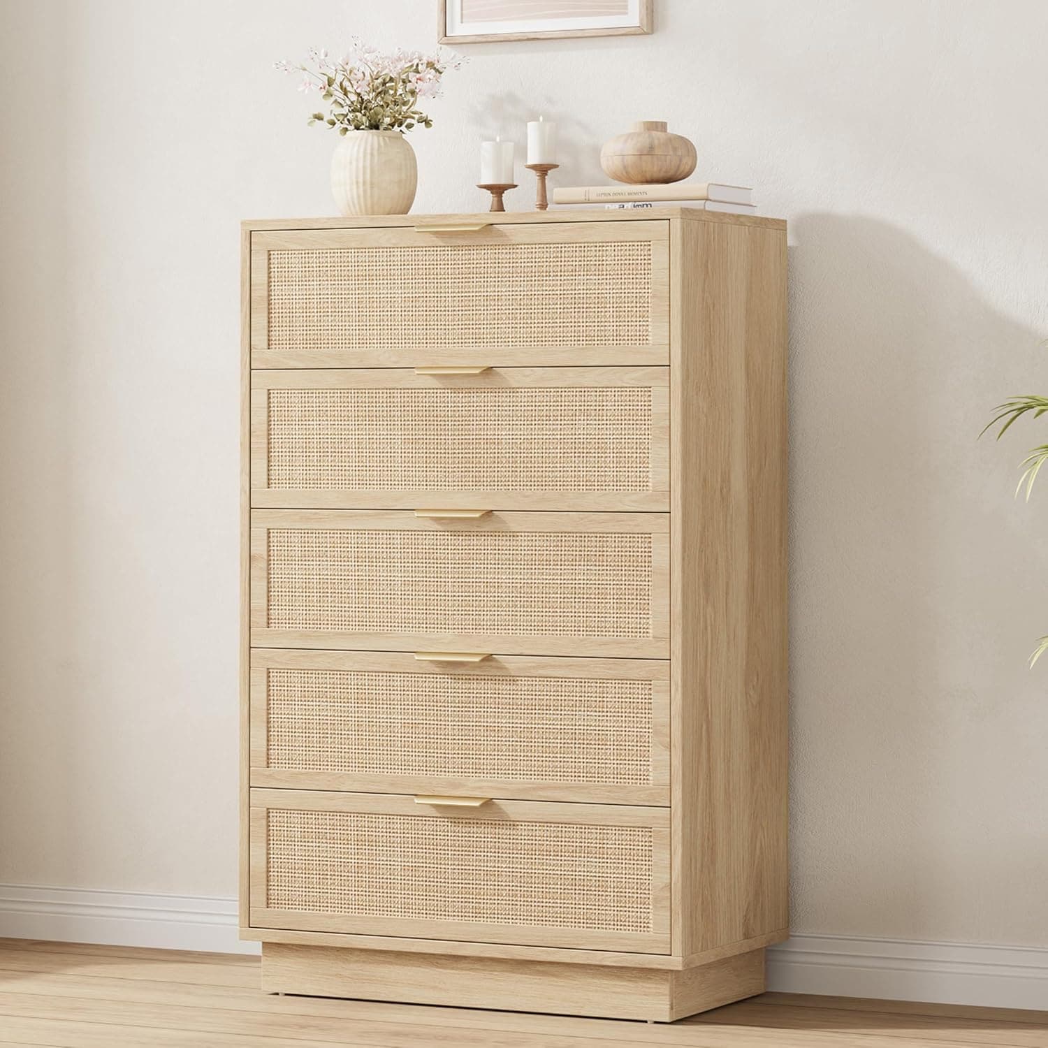 IdealHouse Natural Wooden 5 Drawer Rattan Dresser With Integrated Cabinet Body Legs Design For Home Office