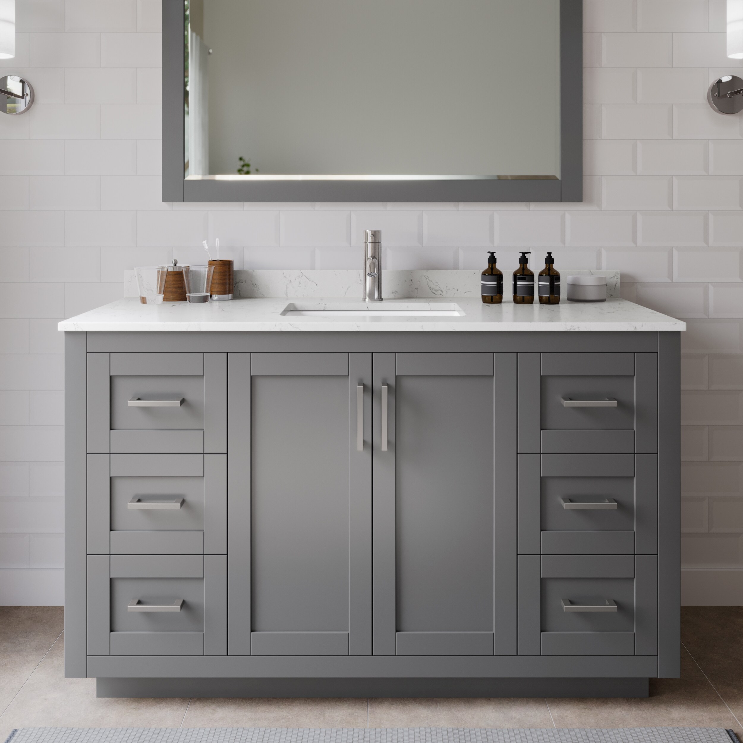 Wyndham Collection WCF292954SKGC2UNSMXX Miranda 54-in Dark Gray with Brushed Nickel Trim Undermount Single sink Bathroom Vanity with Carrara Cultured Marble Cultured marble Top
