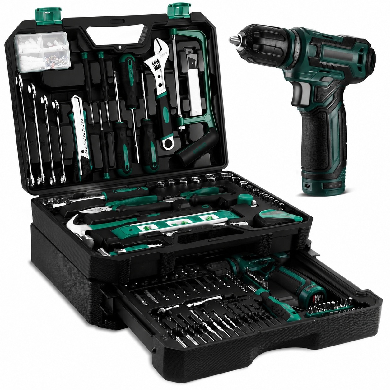 Aoibox  Tool Set Tool Kit With 12V Cordless Drill Hand Toolbox With Storage Case Mechanic Tool Set For Home Repairs