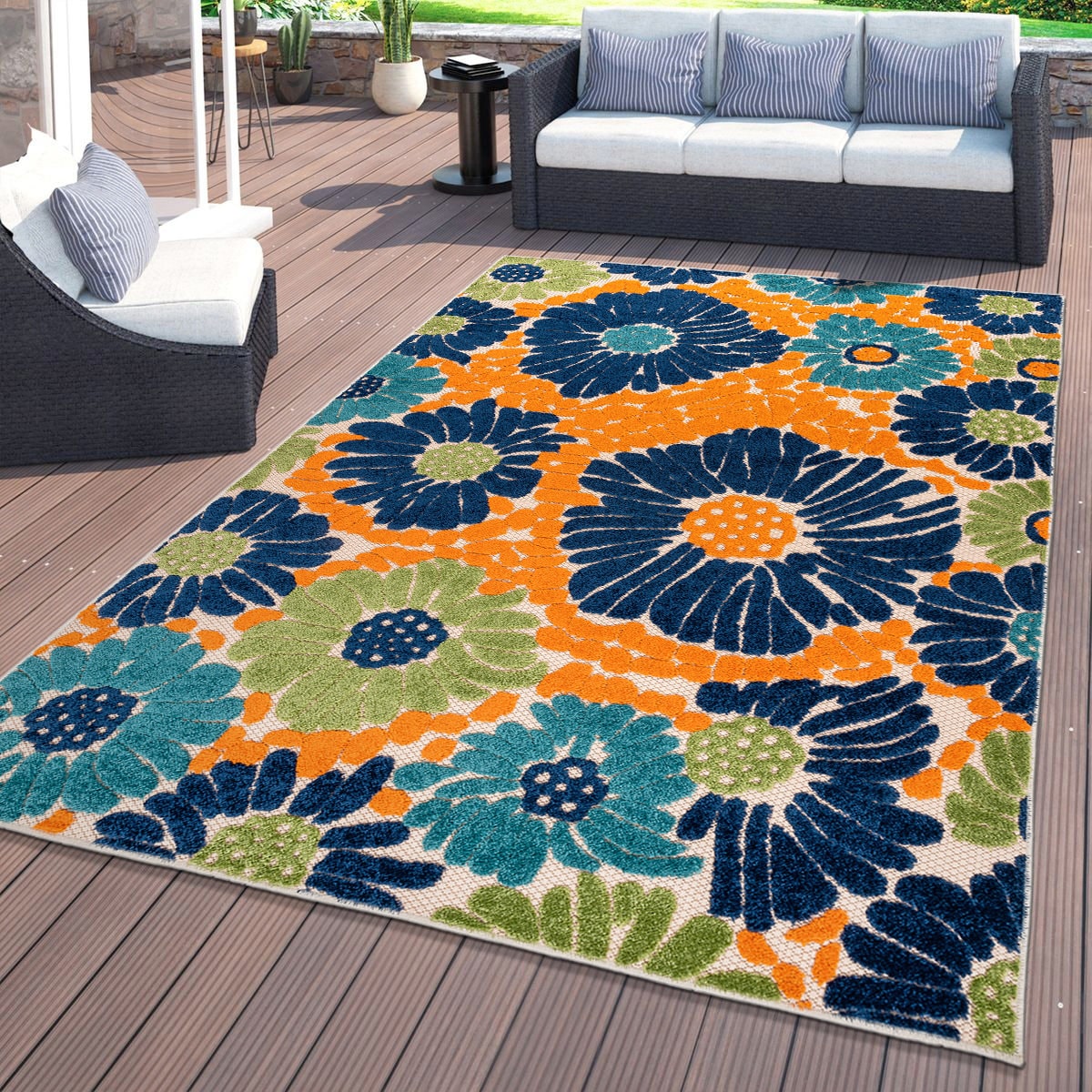 5x7 Water Resistant, Indoor Outdoor Rugs for Patios, Front Door Entry,  Entryway, Deck, Porch, Balcony | Outside Area Rug for Patio | Blue, Floral  