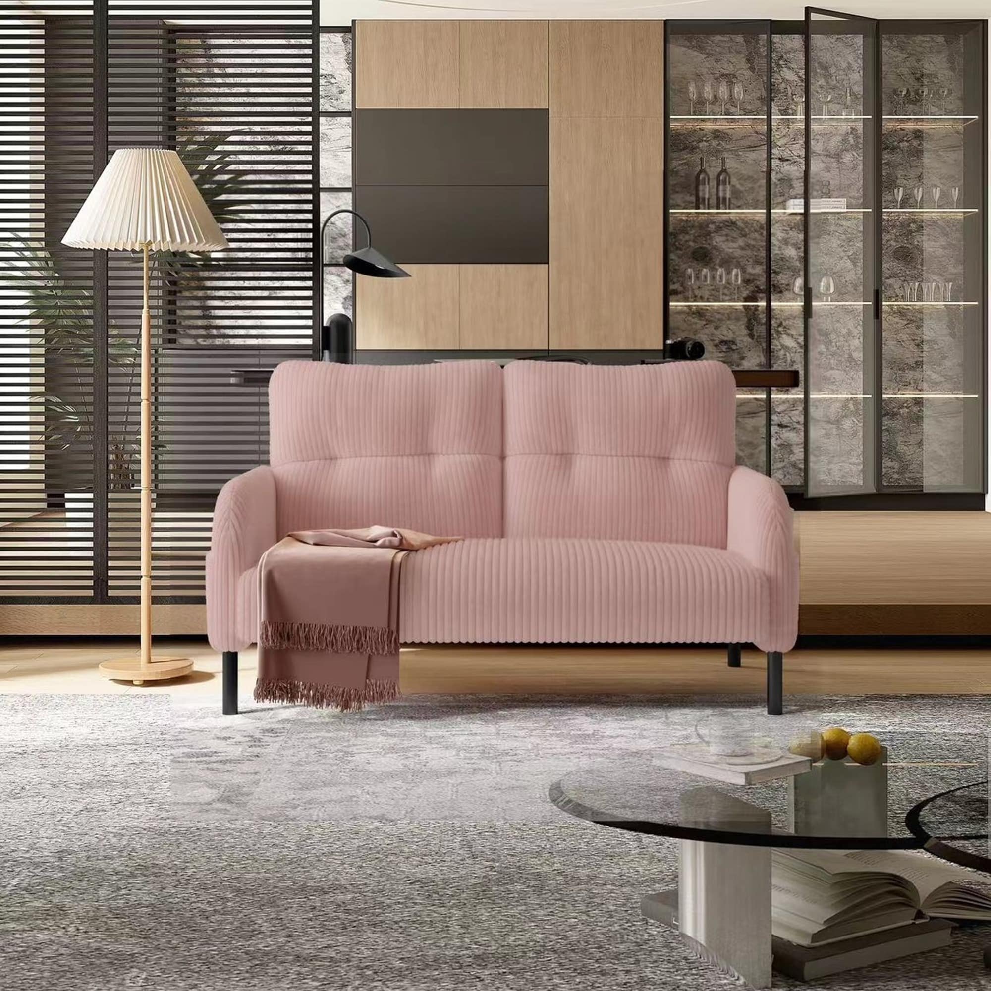 UOI 47 inch x 30 inch x 31 inch Pink Corduroy Double Sofa with Side Storage Pockets