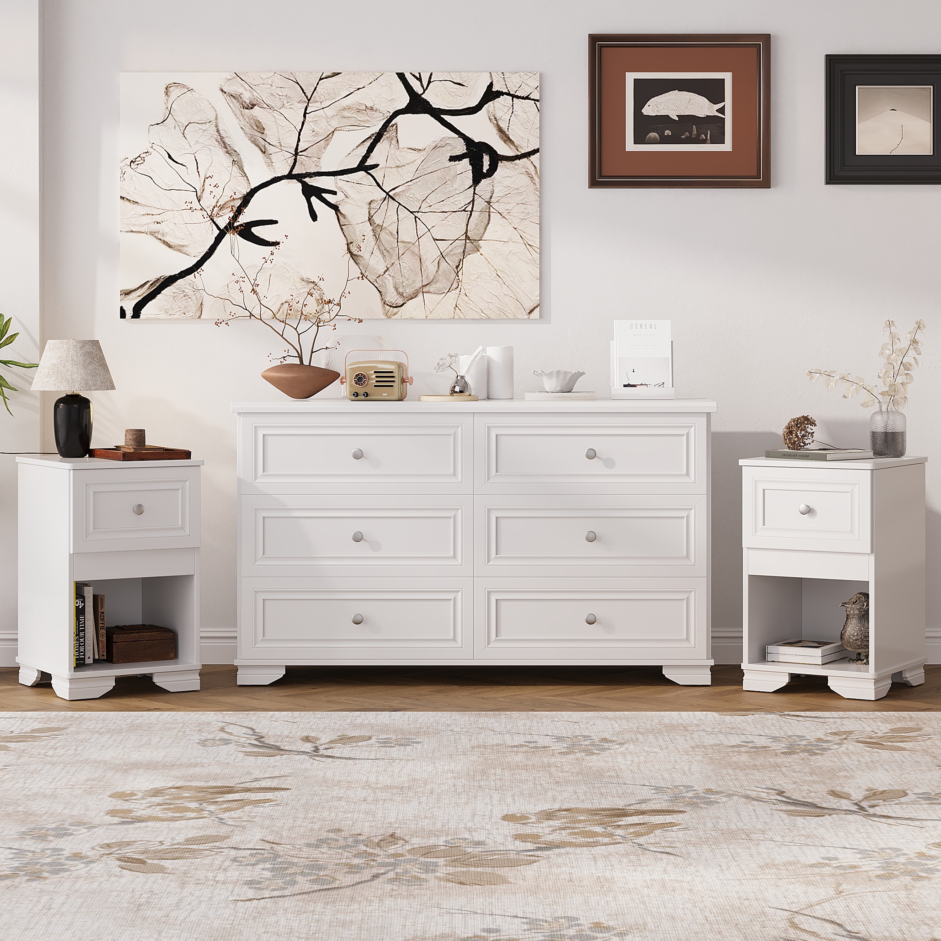 ModernLuxe L3P-N733S199705K 3Pieces Bedroom Set6Drawer Dresser and Two Nightstands with Metal HandlesElegant Design and Retro StyleWhite