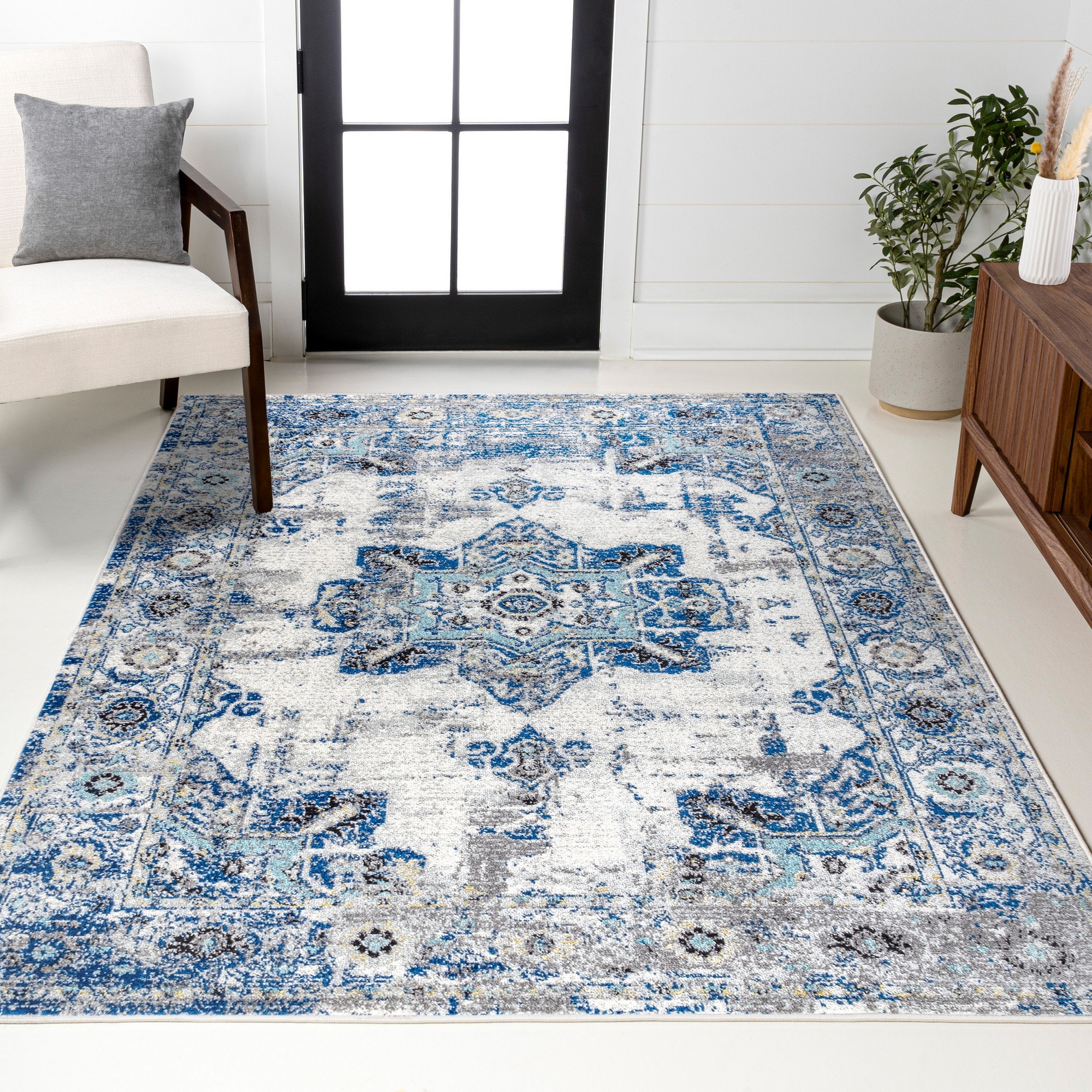 JONATHAN  Y MDP201A-5 MODERN PERSIAN Boho Vintage 5 x 8 (ft) Loomed Ivory/Blue Rectangular Indoor Medallion Persian Pet Friendly Area rug