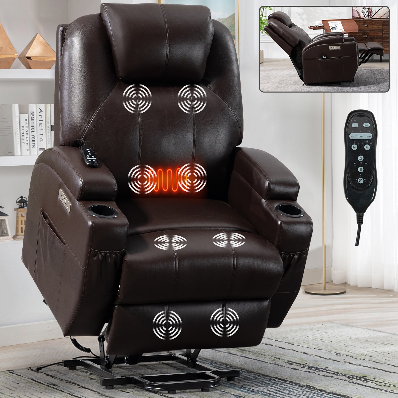 Mondawe Brown Faux Leather Upholstered Powered Reclining Massage Chair