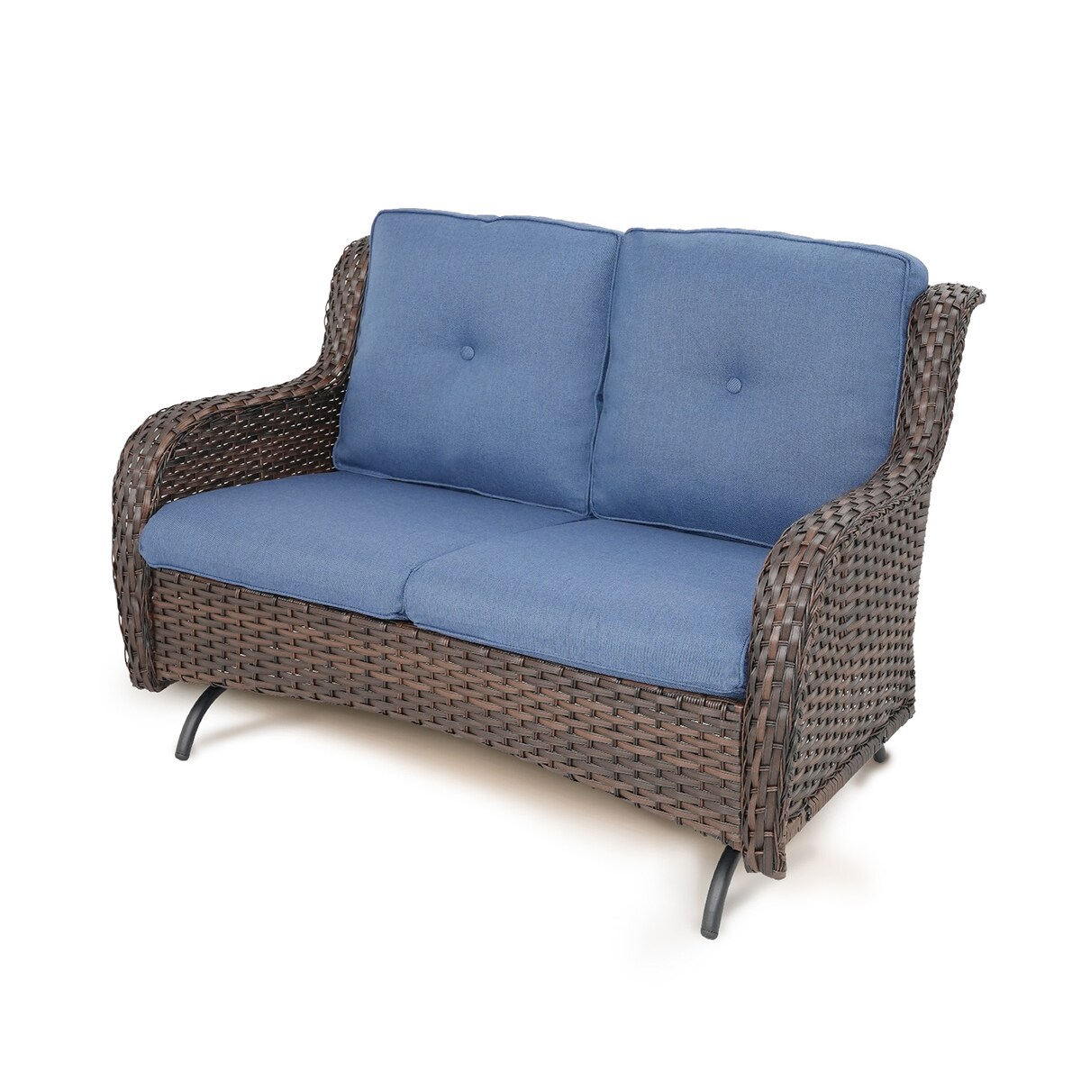Rilyson FS038GL-1 Curved handrail Wicker Outdoor Loveseat with Blue Cushions and Wicker Frame